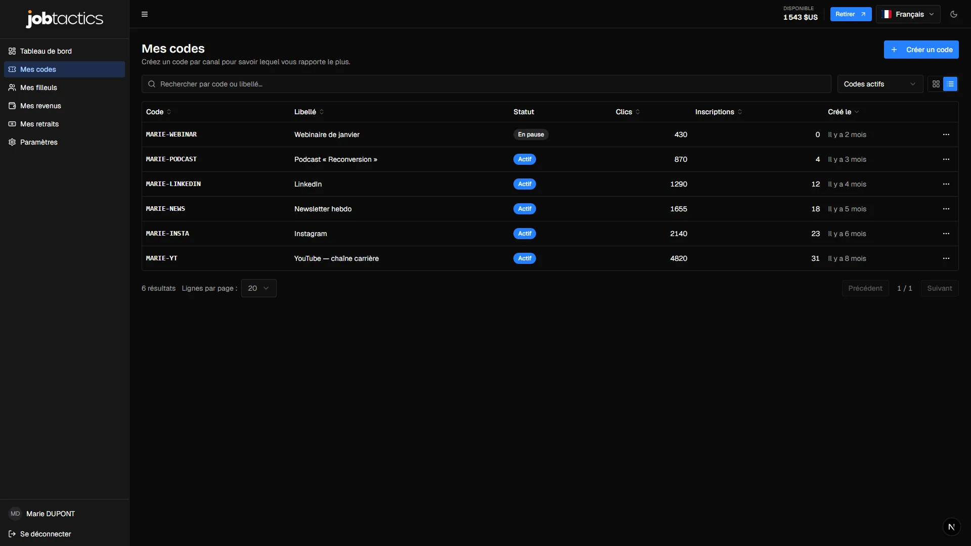 Gestion des codes — création, statut et lien court