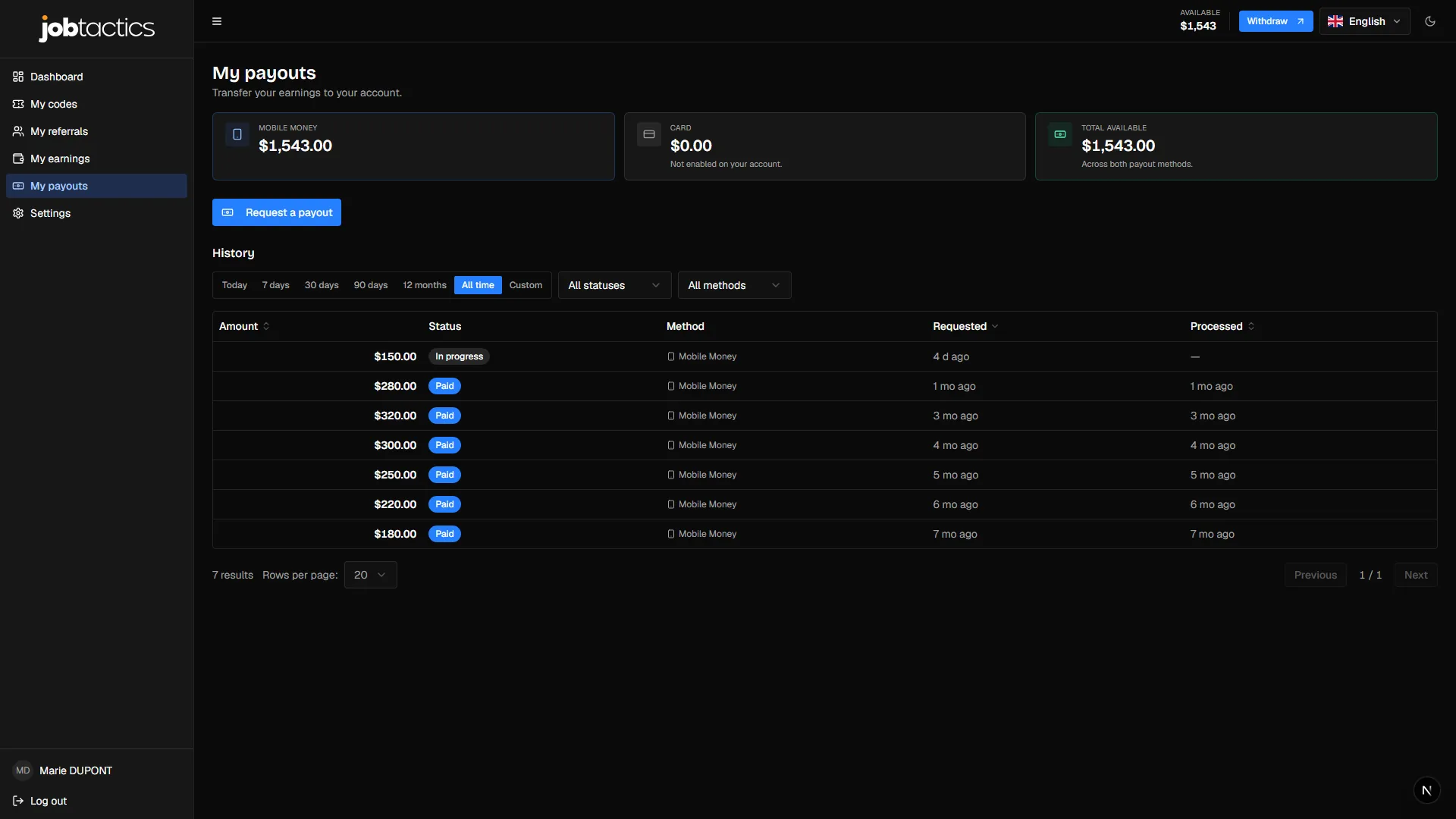 Withdrawal screen — amount, fee and what actually reaches you