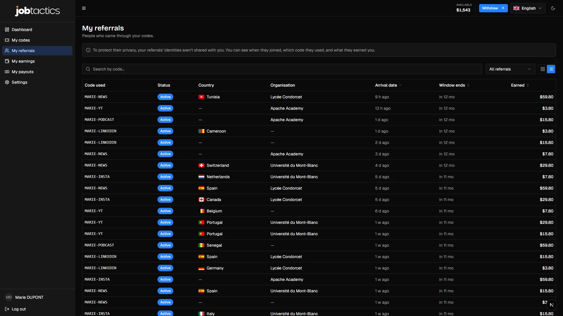 Referral list — pseudonymised, with window status