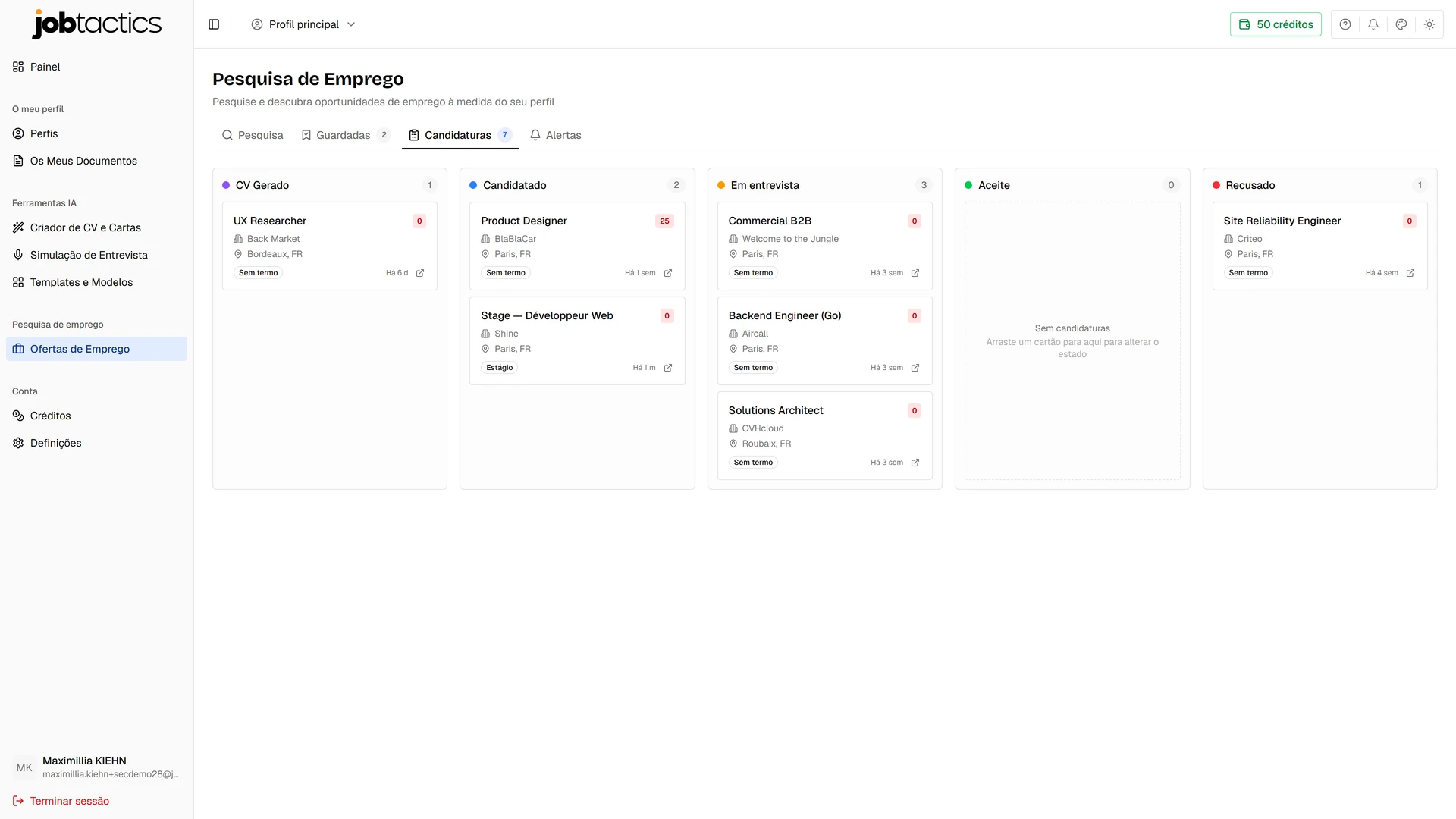 Acompanhamento de candidaturas em kanban