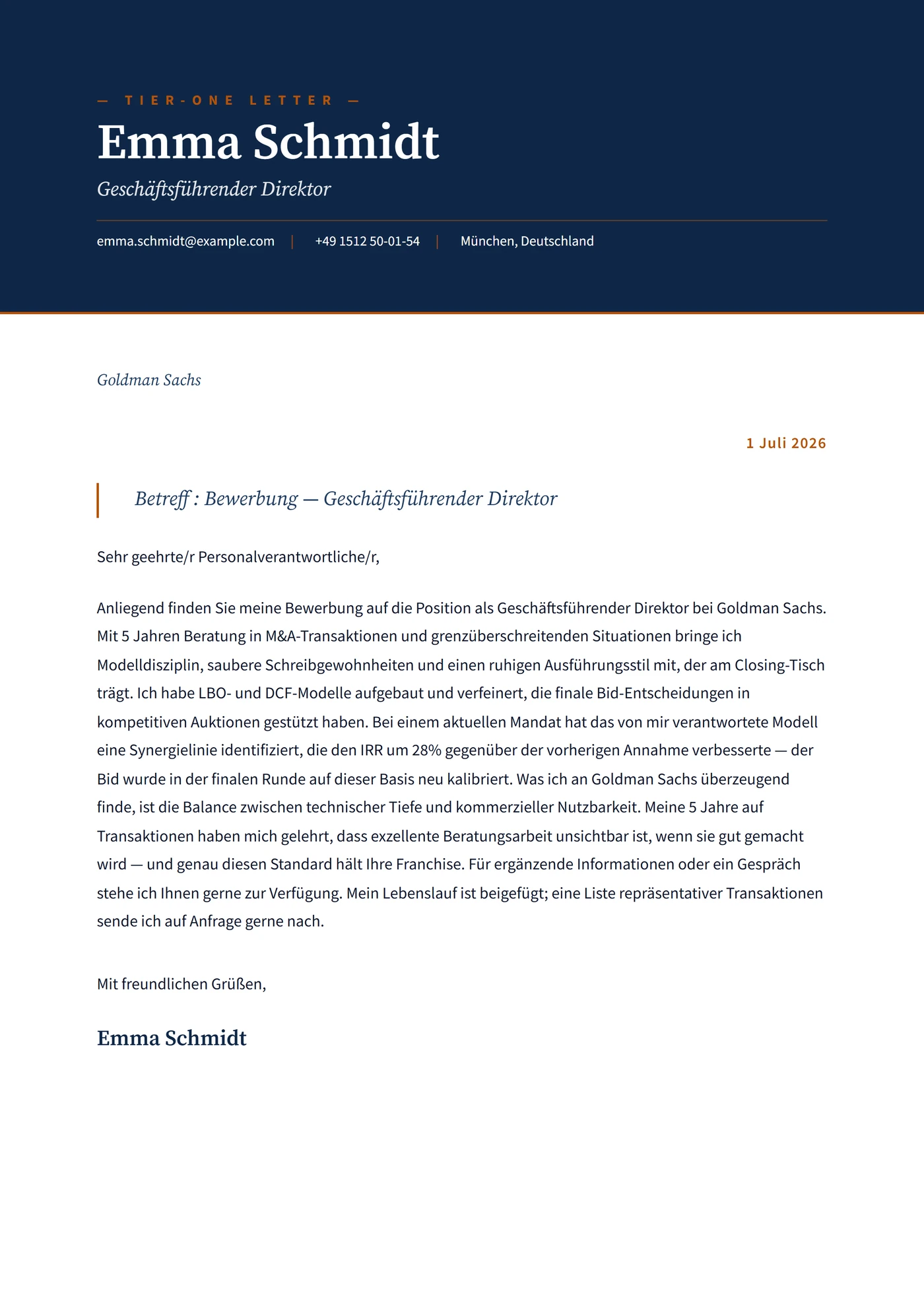 Tier-One-Bank — Anschreiben-Vorlagen