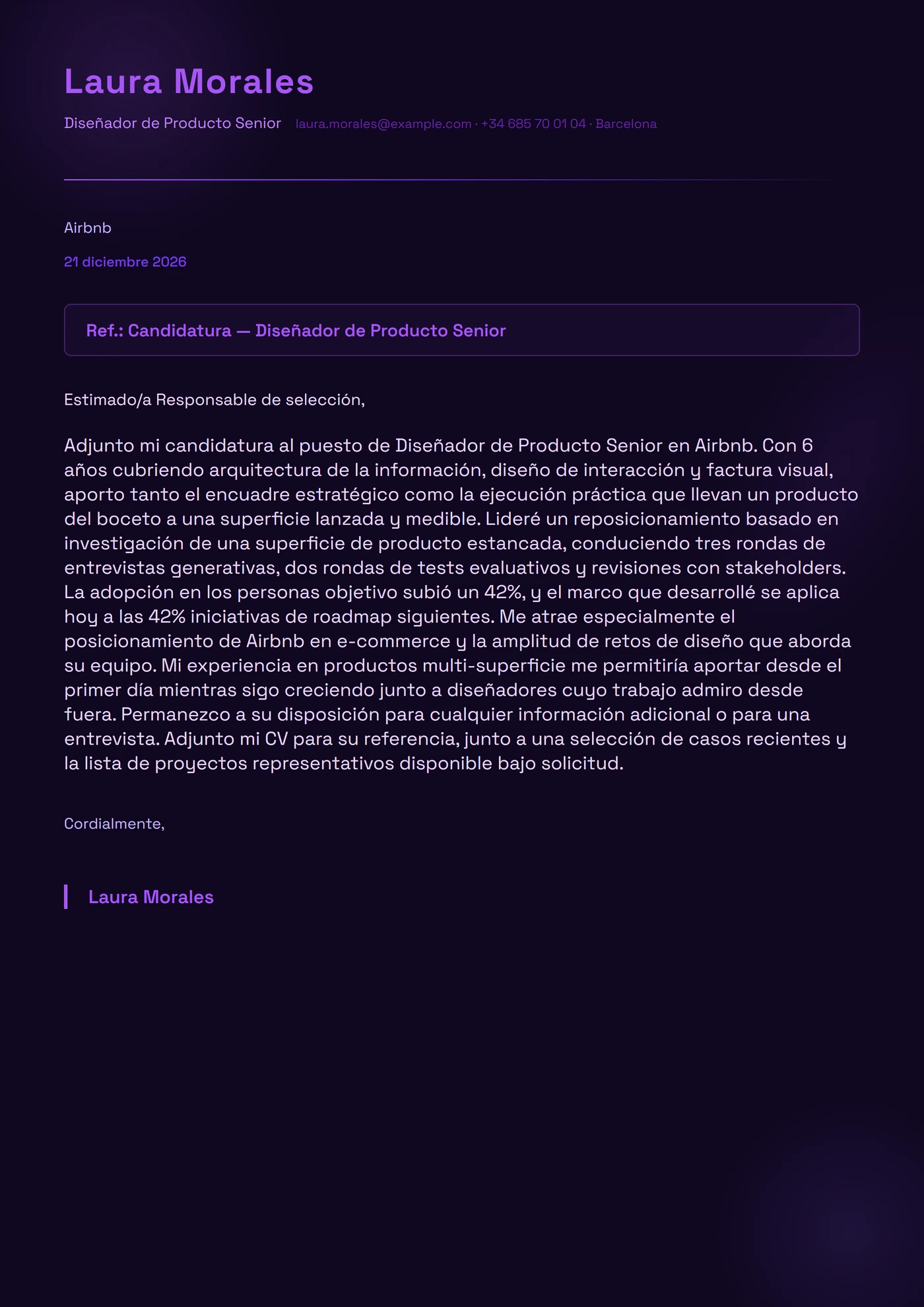 Aurora Violeta — Plantillas de cartas de presentación