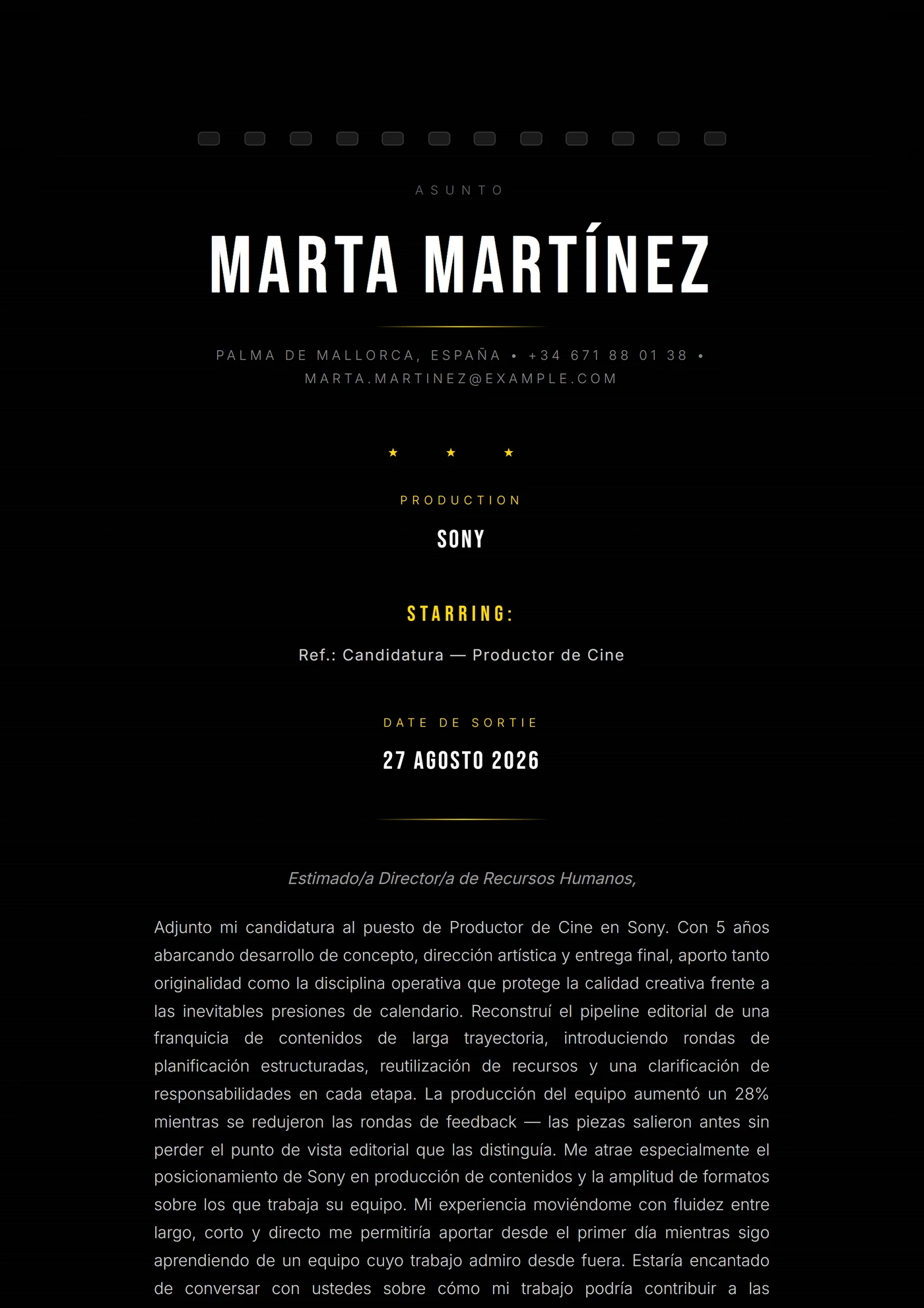 Créditos de cine — Plantillas de cartas de presentación