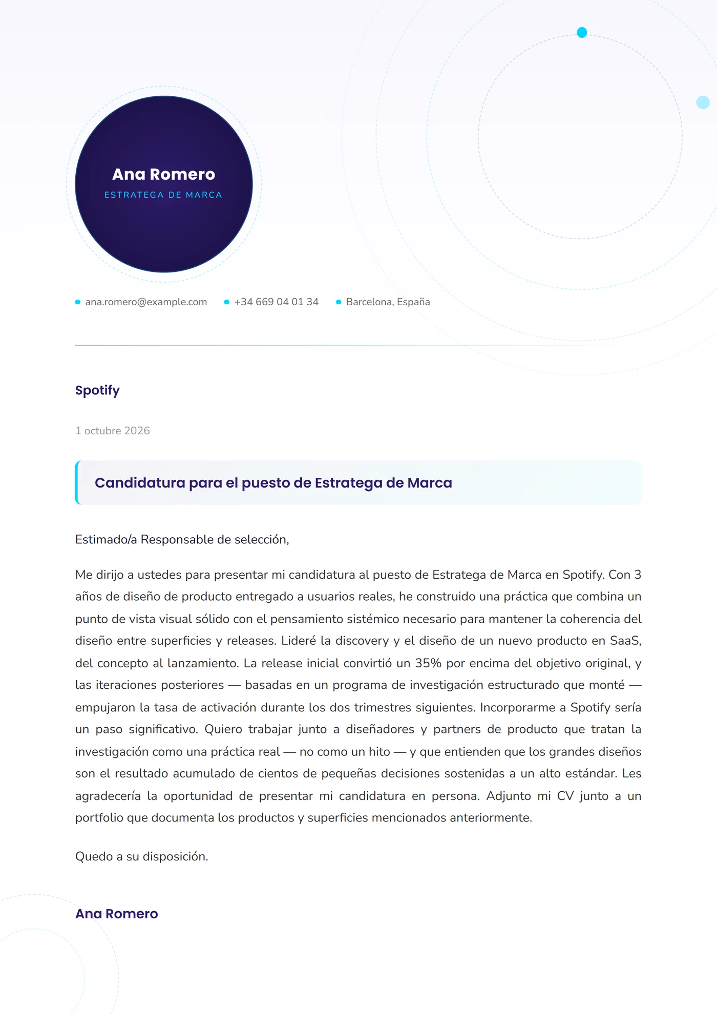 Órbita Circular — Plantillas de cartas de presentación