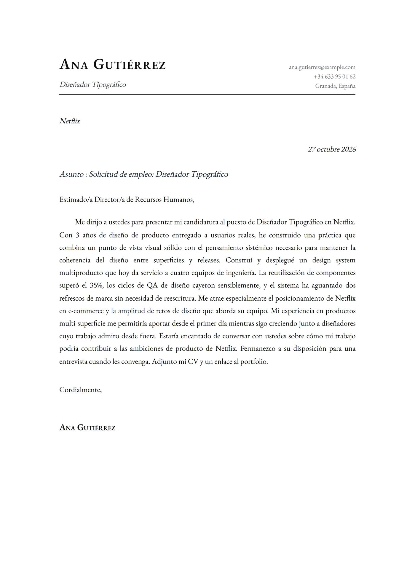 Clásica Tipografiada — Plantillas de cartas de presentación