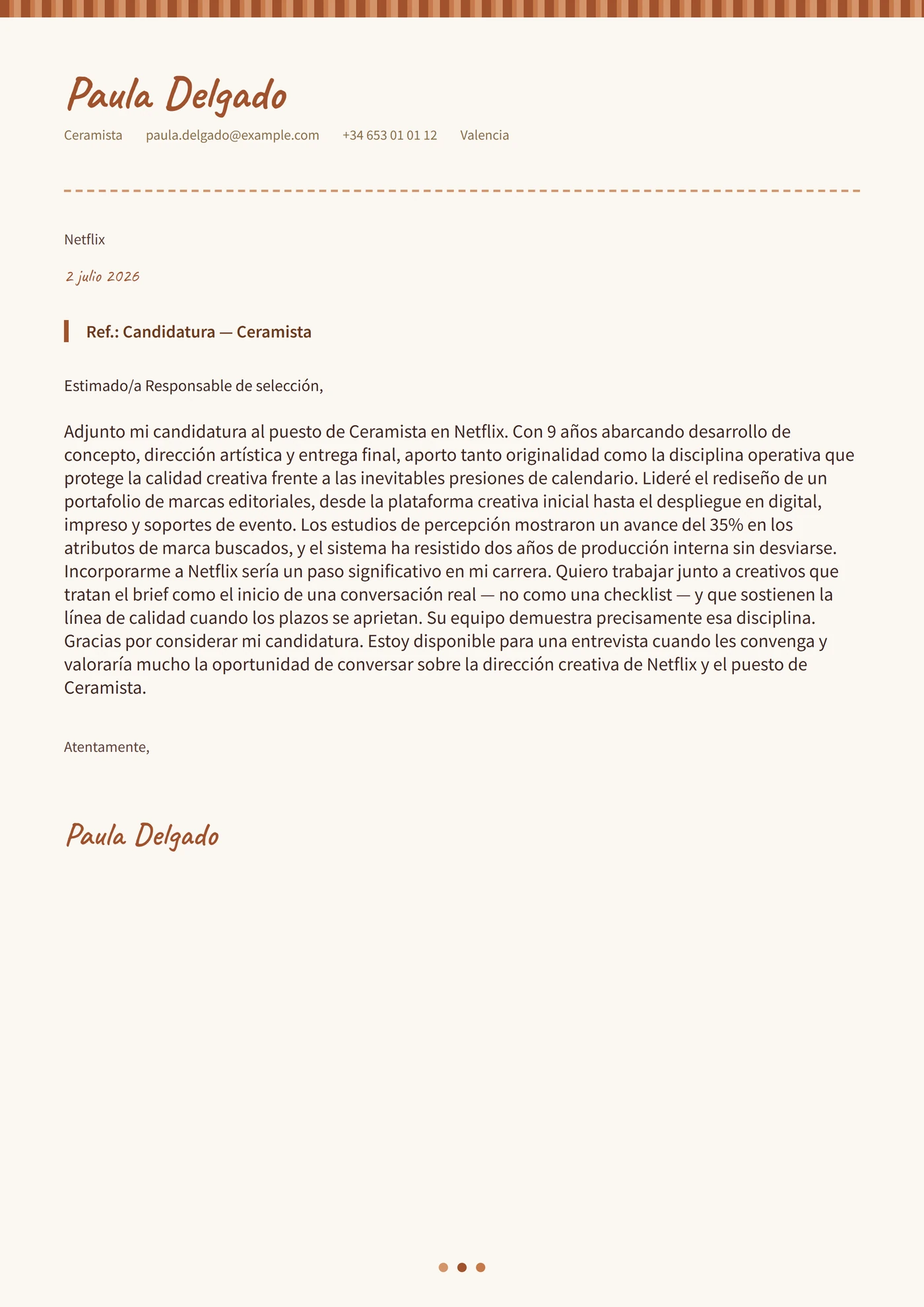 Cerámica de barro — Plantillas de cartas de presentación