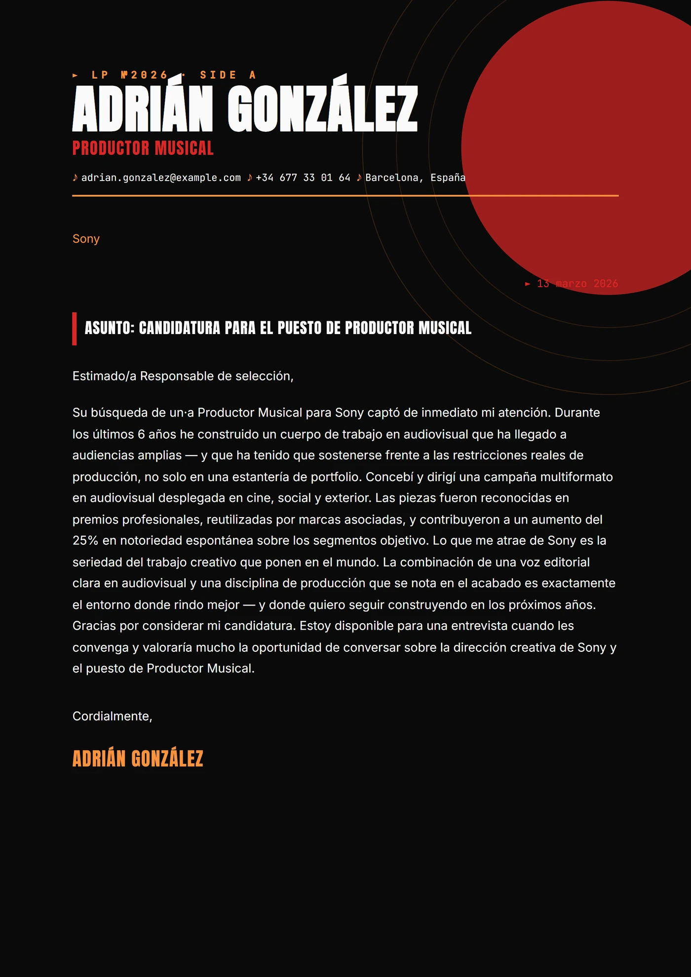 Funda de vinilo — Plantillas de cartas de presentación