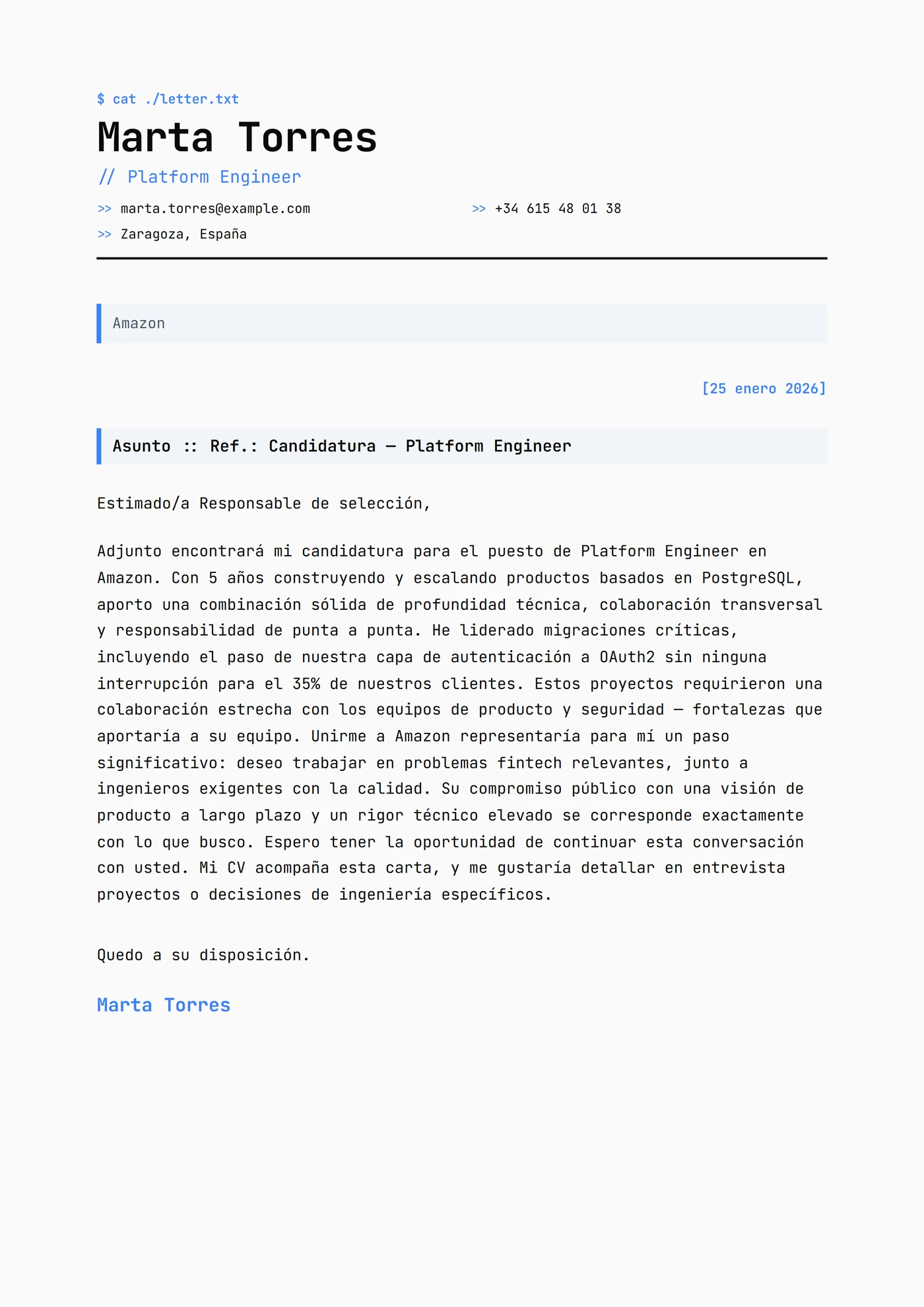 Cuadrícula Monoespaciada — Plantillas de cartas de presentación