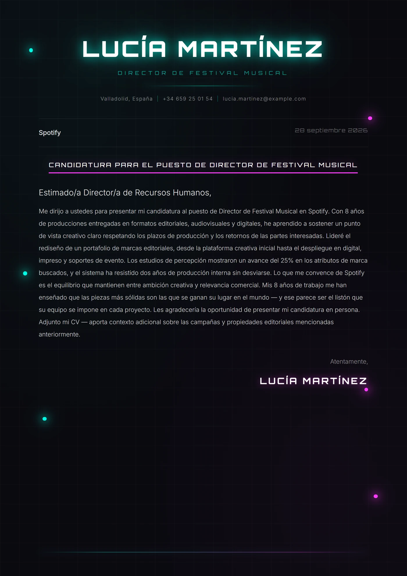Resplandor Neón — Plantillas de cartas de presentación