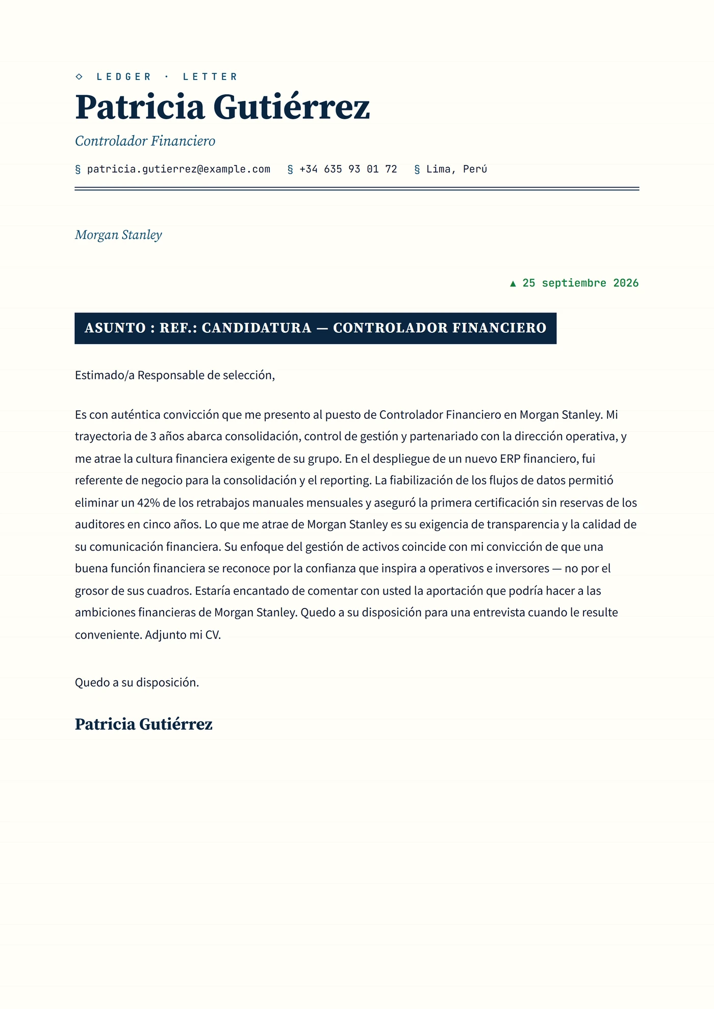 Libro mayor bancario — Plantillas de cartas de presentación