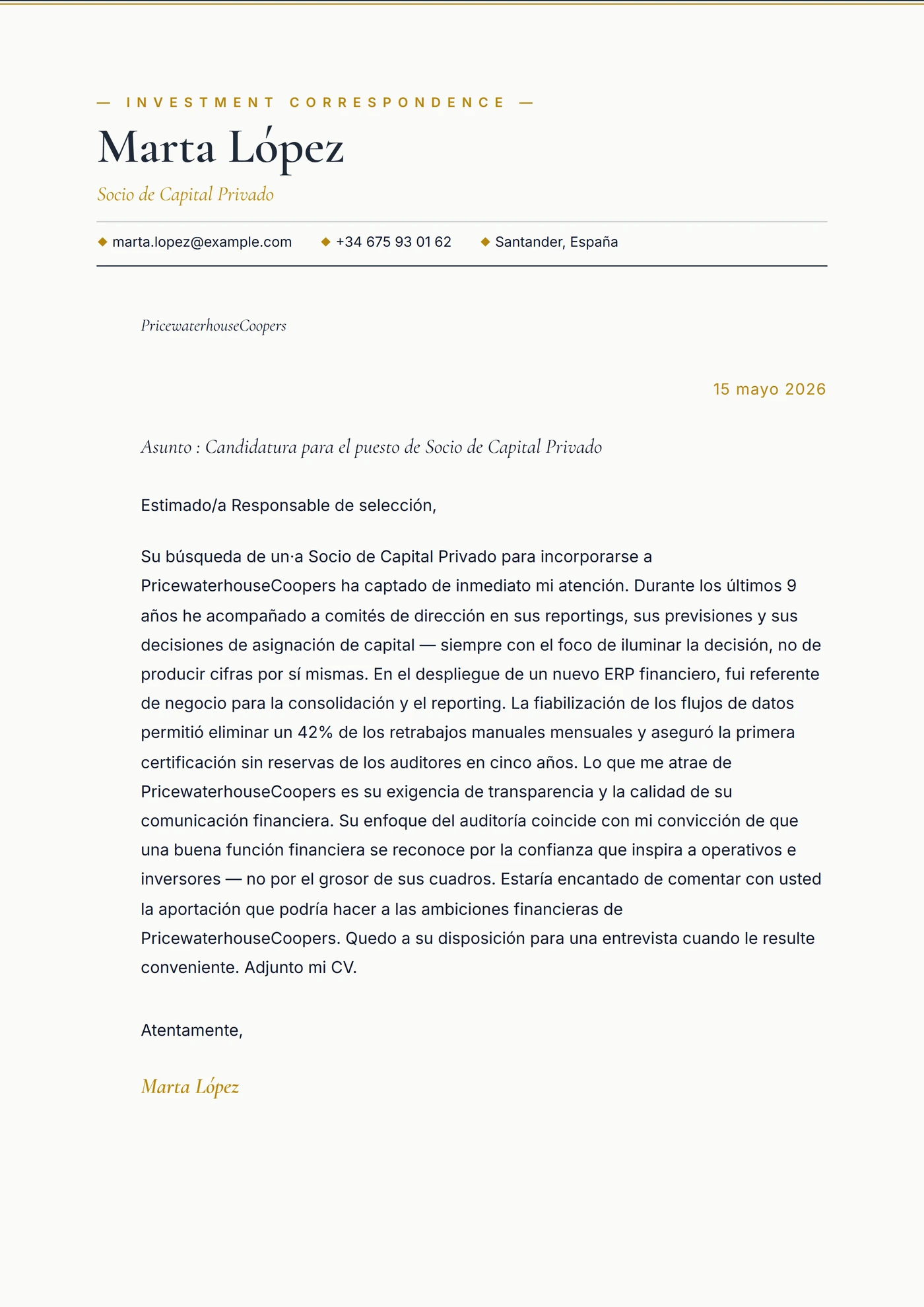 Private equity — Plantillas de cartas de presentación