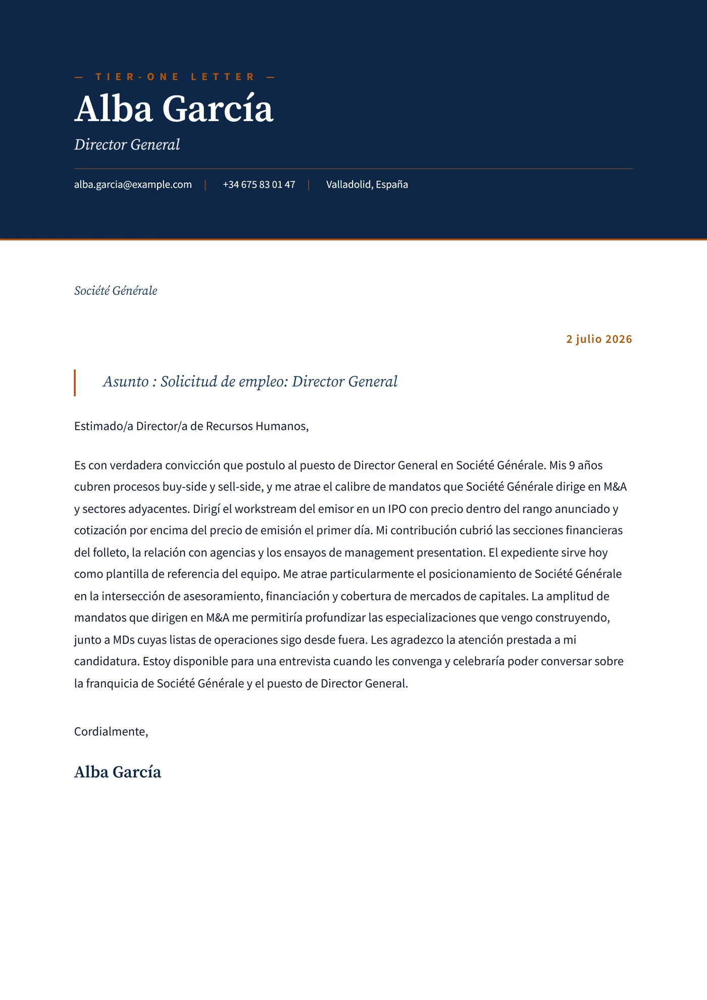 Banco tier-one — Plantillas de cartas de presentación