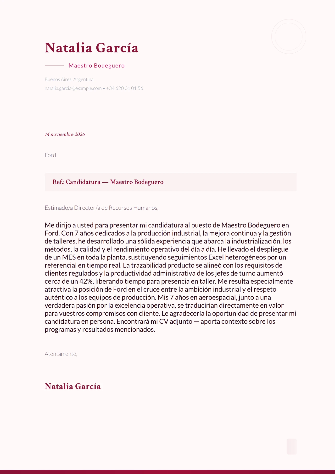 Bodega — Plantillas de cartas de presentación