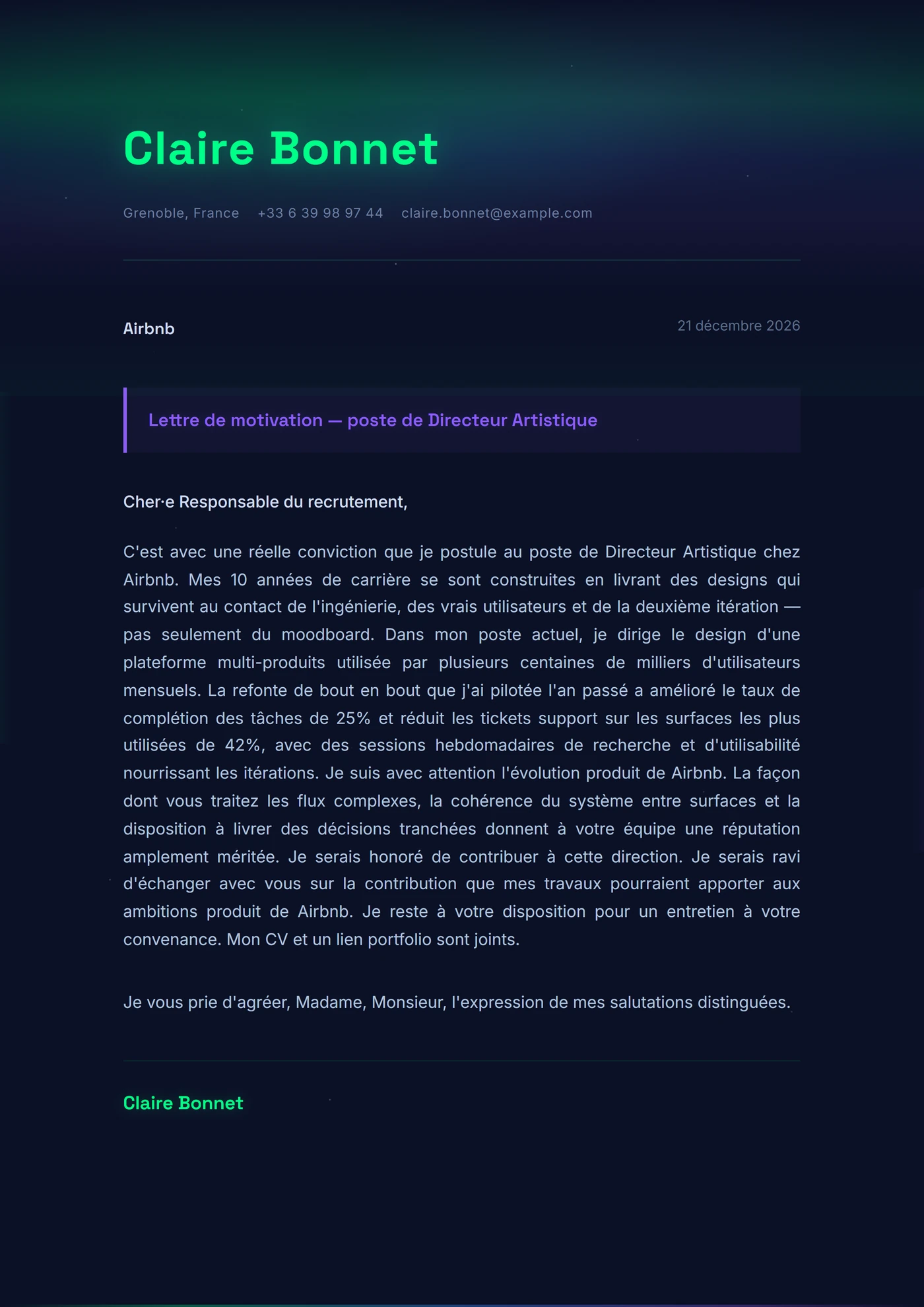 Aurore boréale — Modèles de lettres de motivation