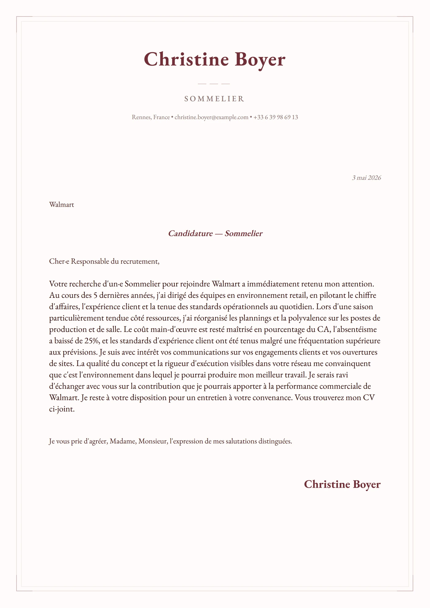 Velours bordeaux — Modèles de lettres de motivation