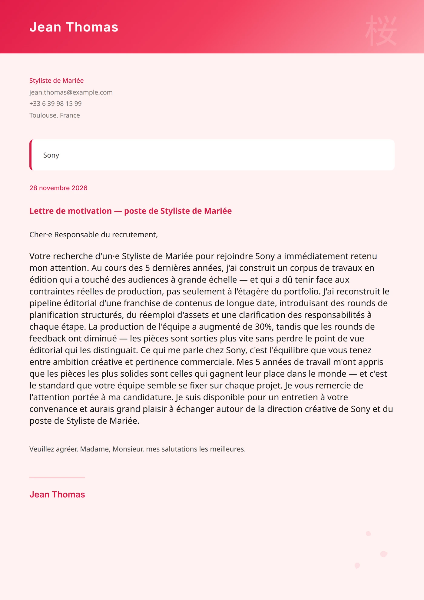 Cerisier en fleurs — Modèles de lettres de motivation