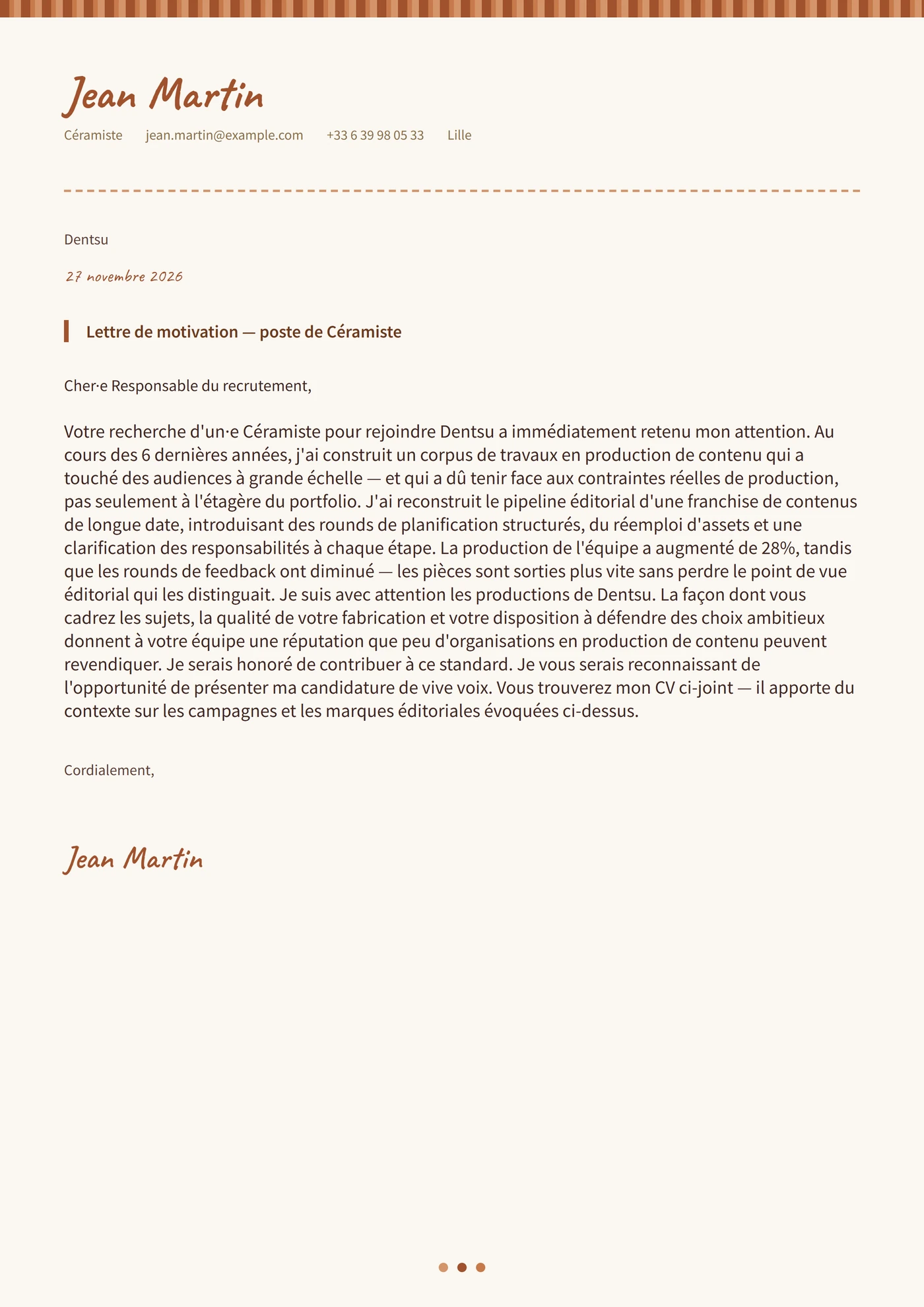 Poterie d'argile — Modèles de lettres de motivation