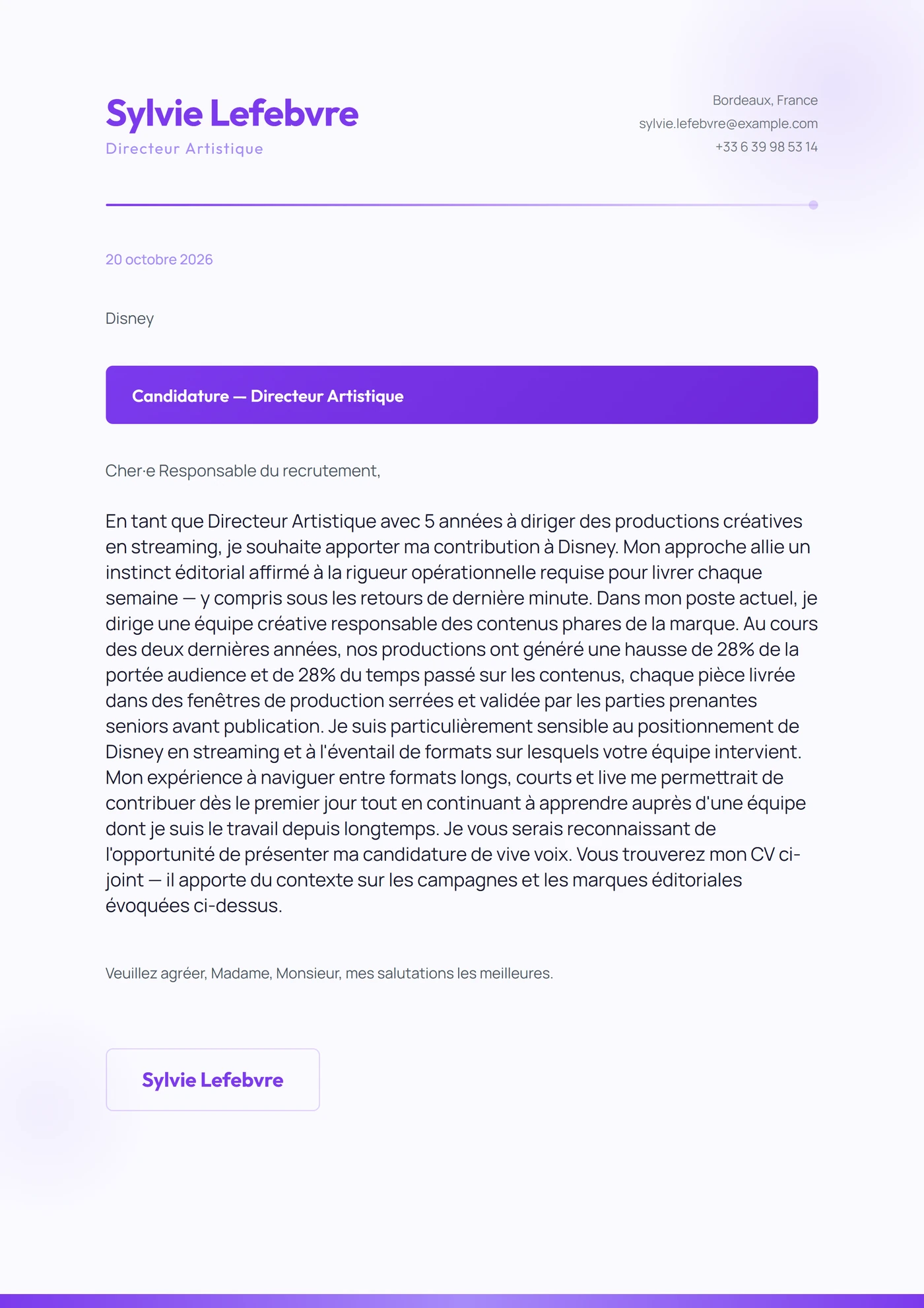 Violet Électrique — Modèles de lettres de motivation
