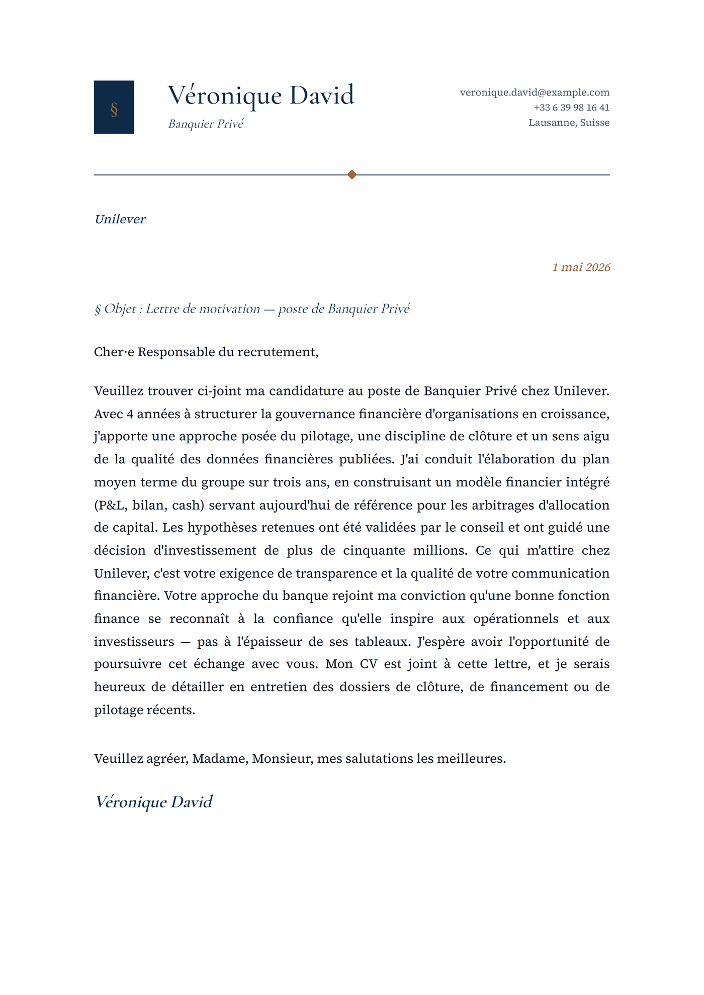 Banque privée — Modèles de lettres de motivation