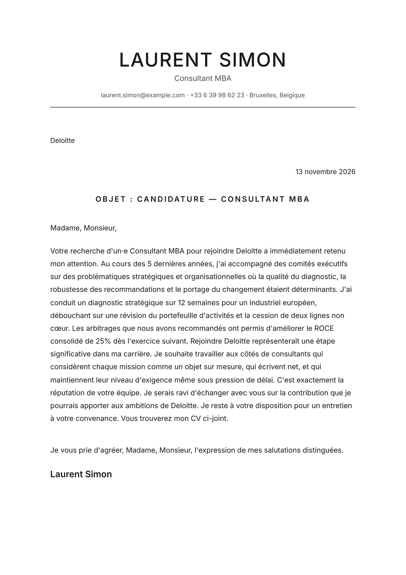 Minimal centré — Modèles de lettres de motivation