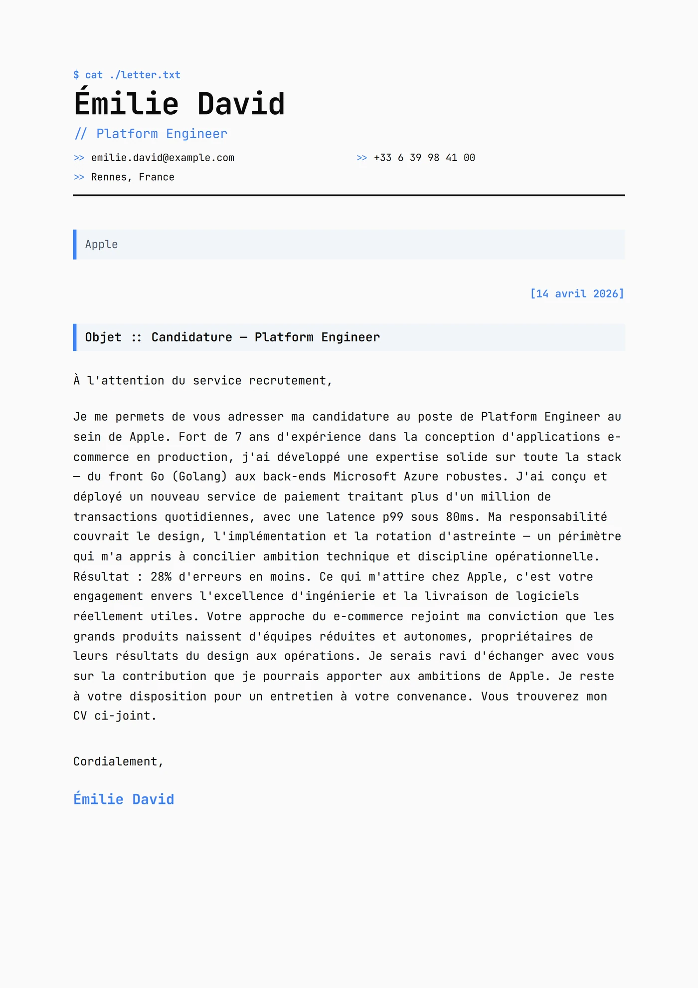 Grille Monospace — Modèles de lettres de motivation