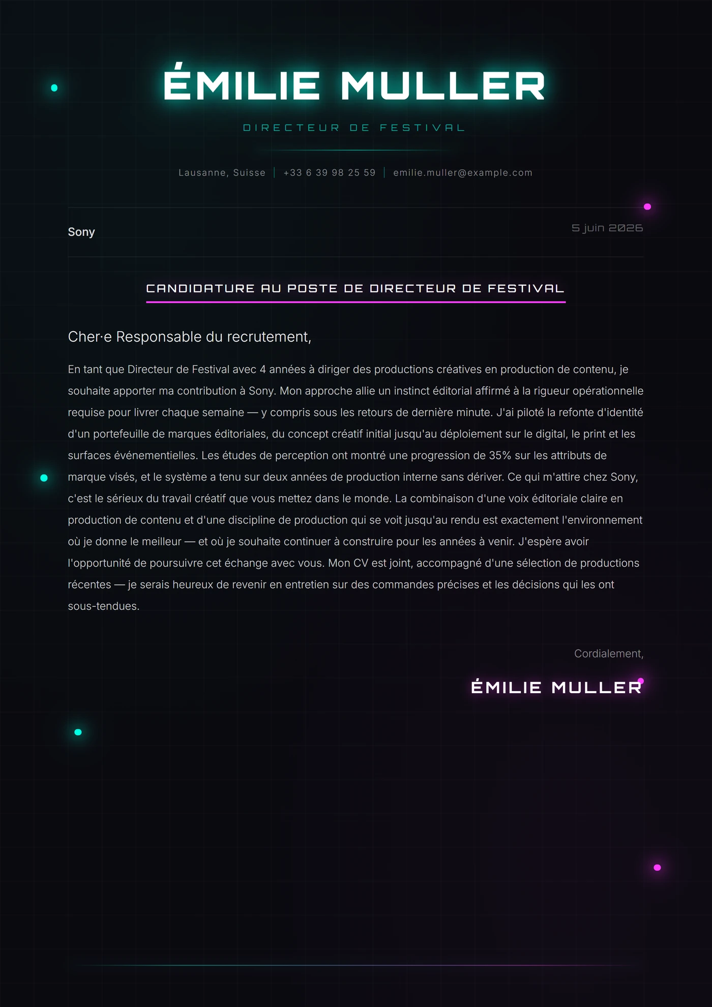 Néon Lumineux — Modèles de lettres de motivation