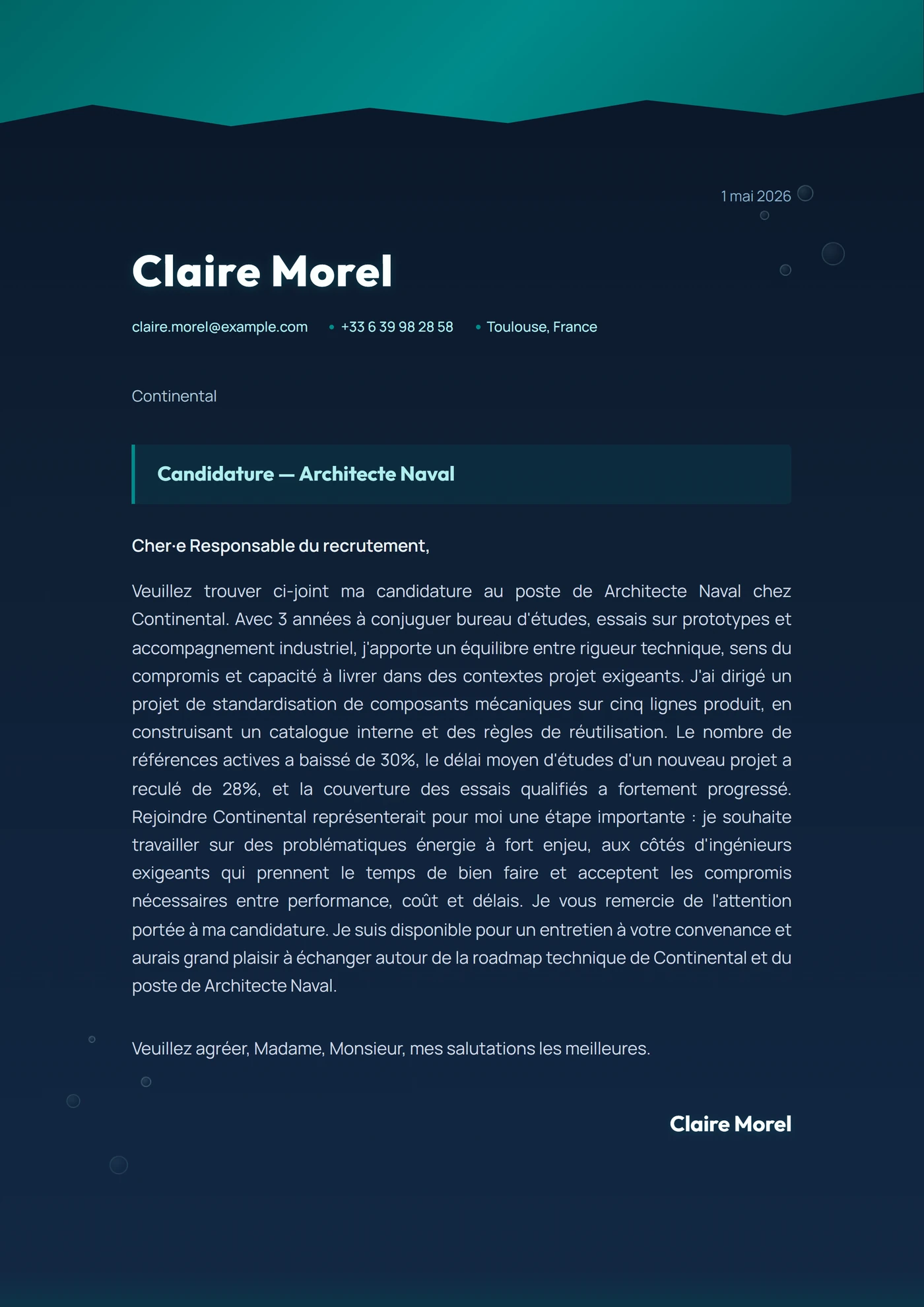 Océan Profond — Modèles de lettres de motivation
