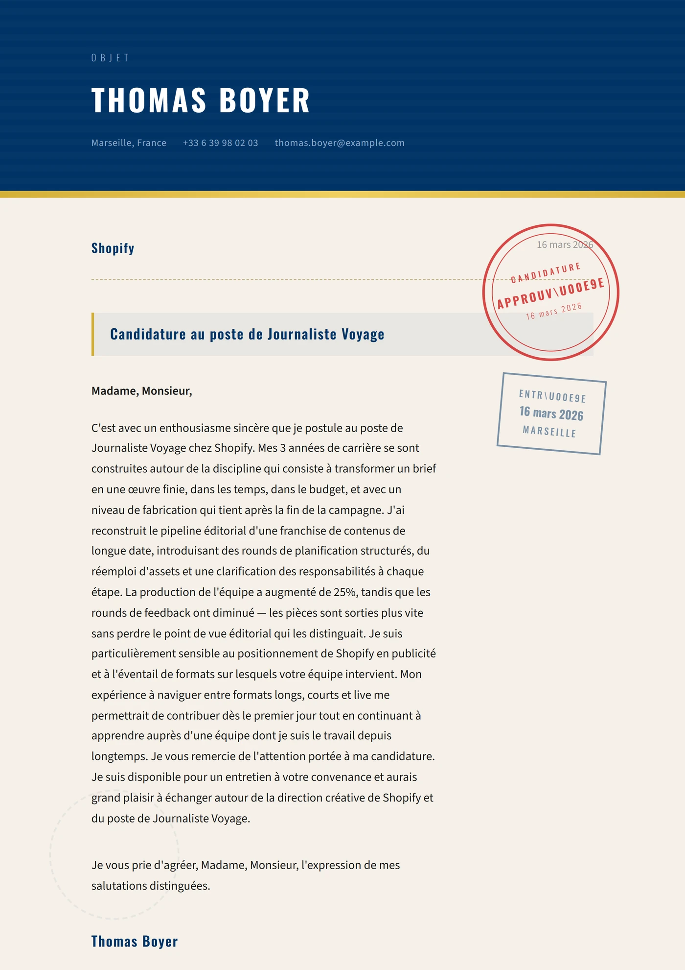 Tampon de passeport — Modèles de lettres de motivation