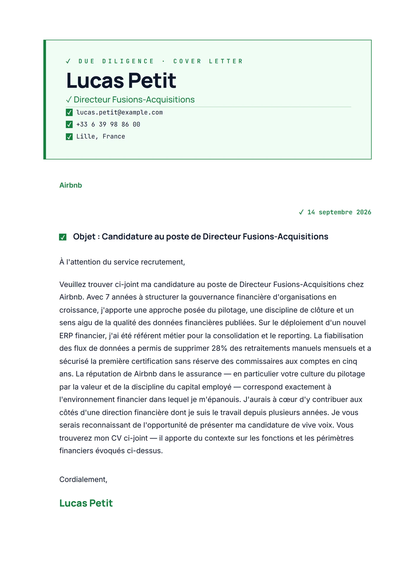Due diligence — Modèles de lettres de motivation