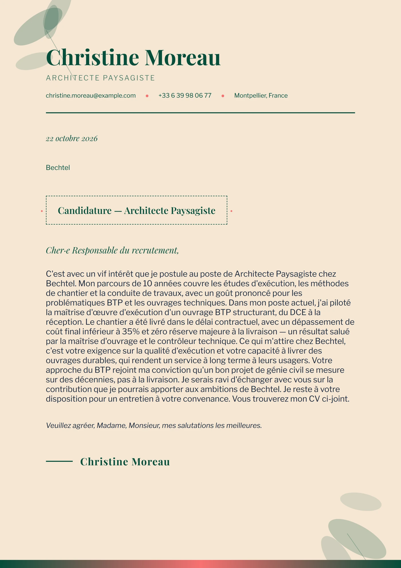 Botanique chaleureuse — Modèles de lettres de motivation