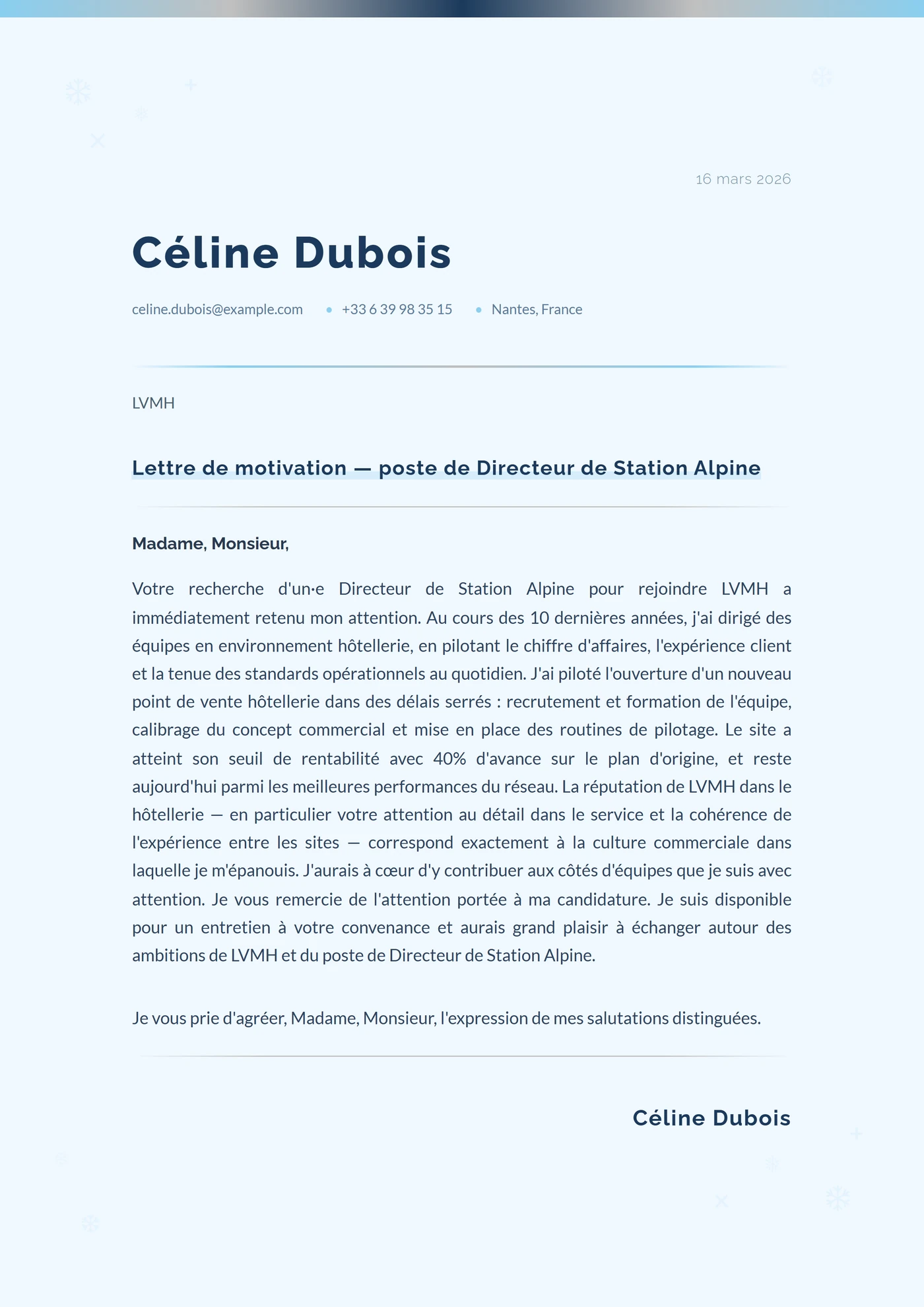 Cristal d'hiver — Modèles de lettres de motivation