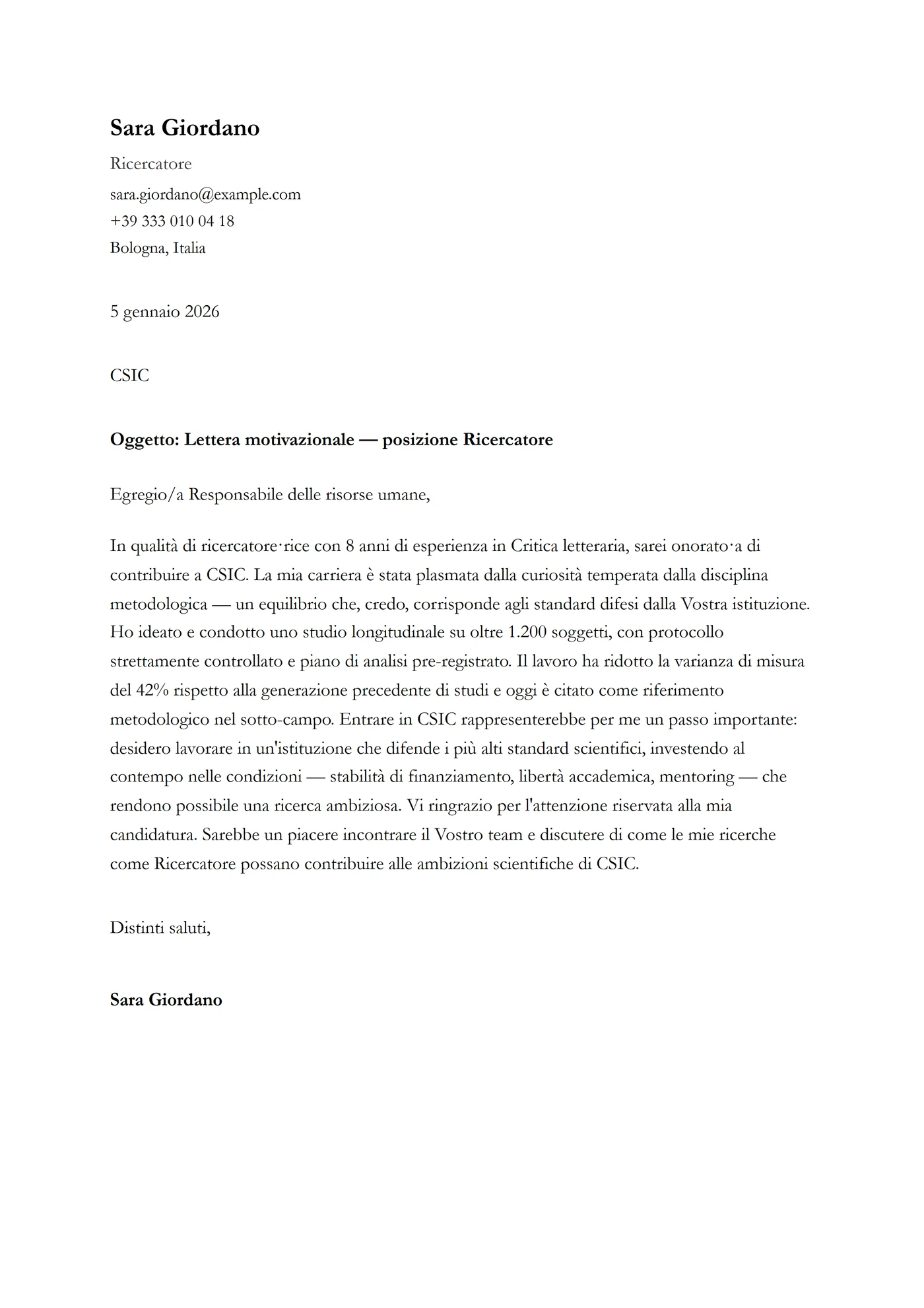 ATS Garamond — Modelli di lettera di presentazione