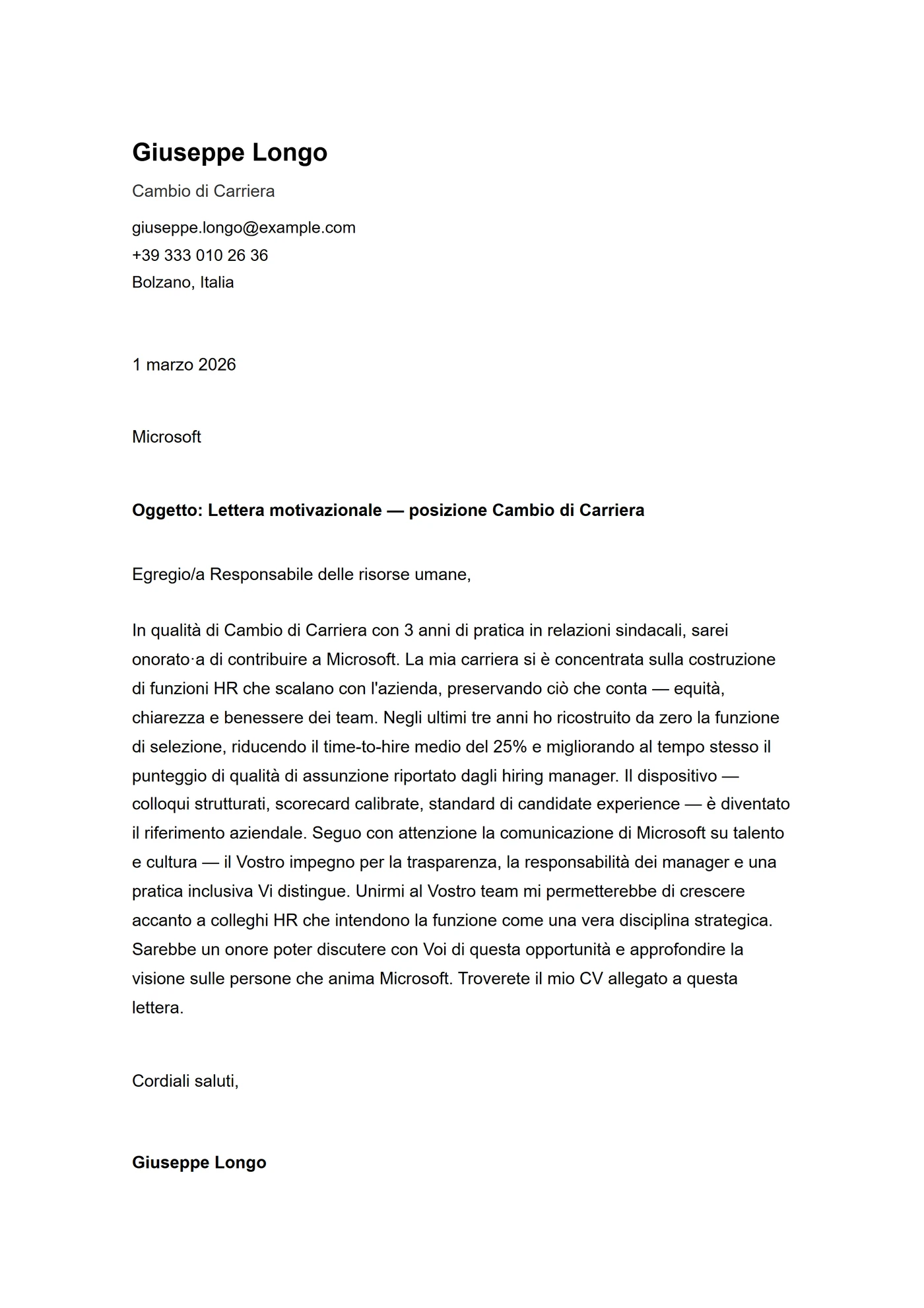 ATS spaziosa — Modelli di lettera di presentazione