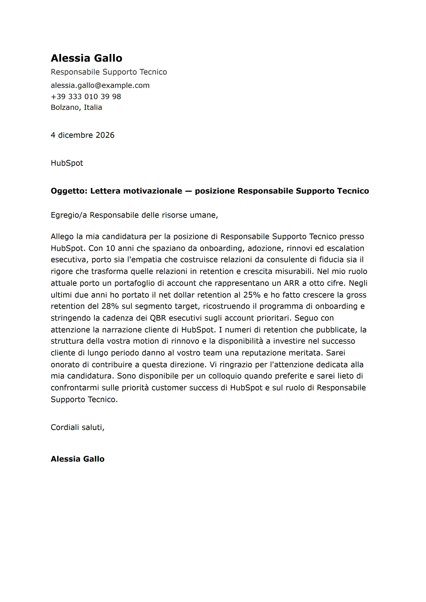 ATS Verdana — Modelli di lettera di presentazione