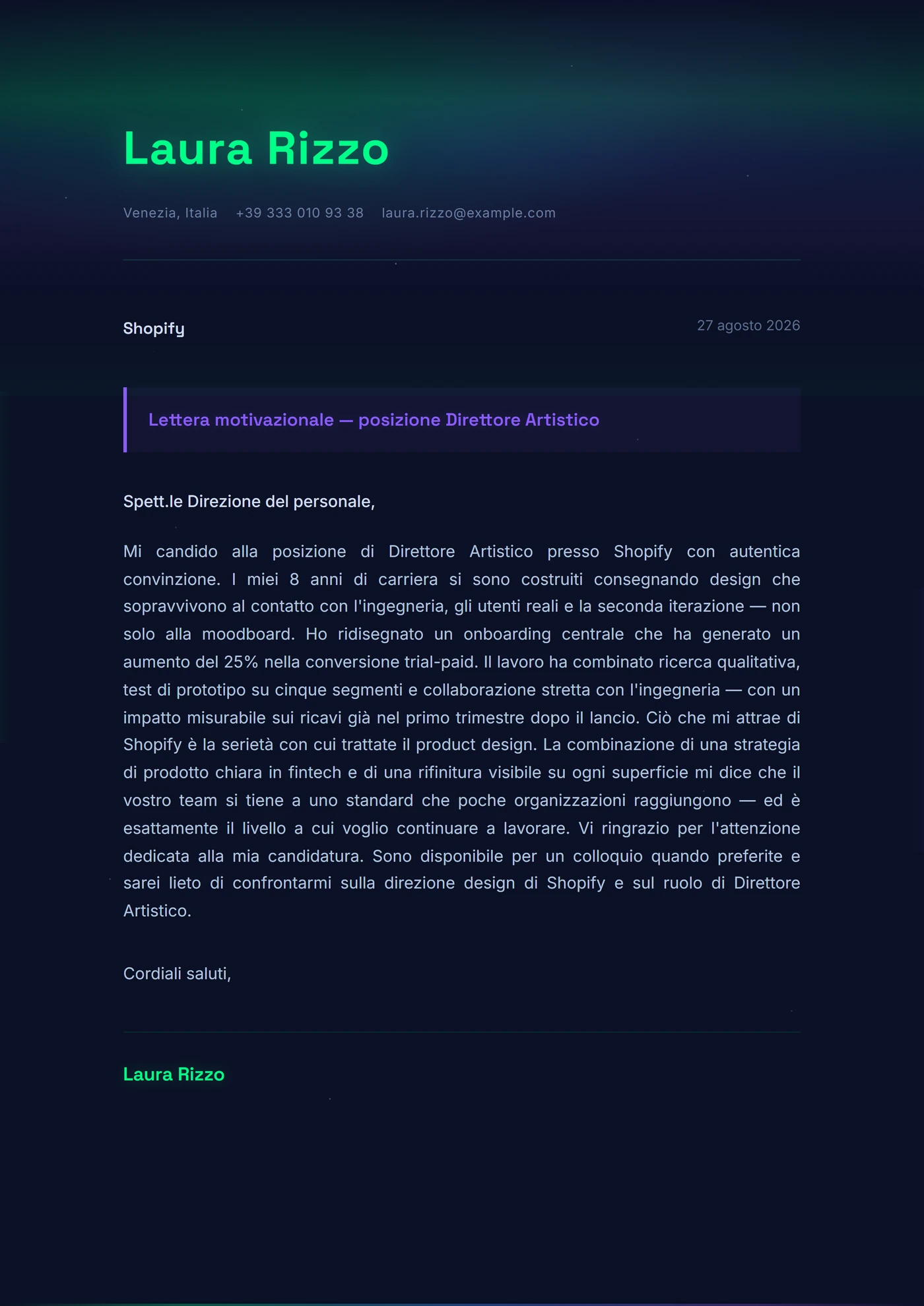 Aurora boreale — Modelli di lettera di presentazione