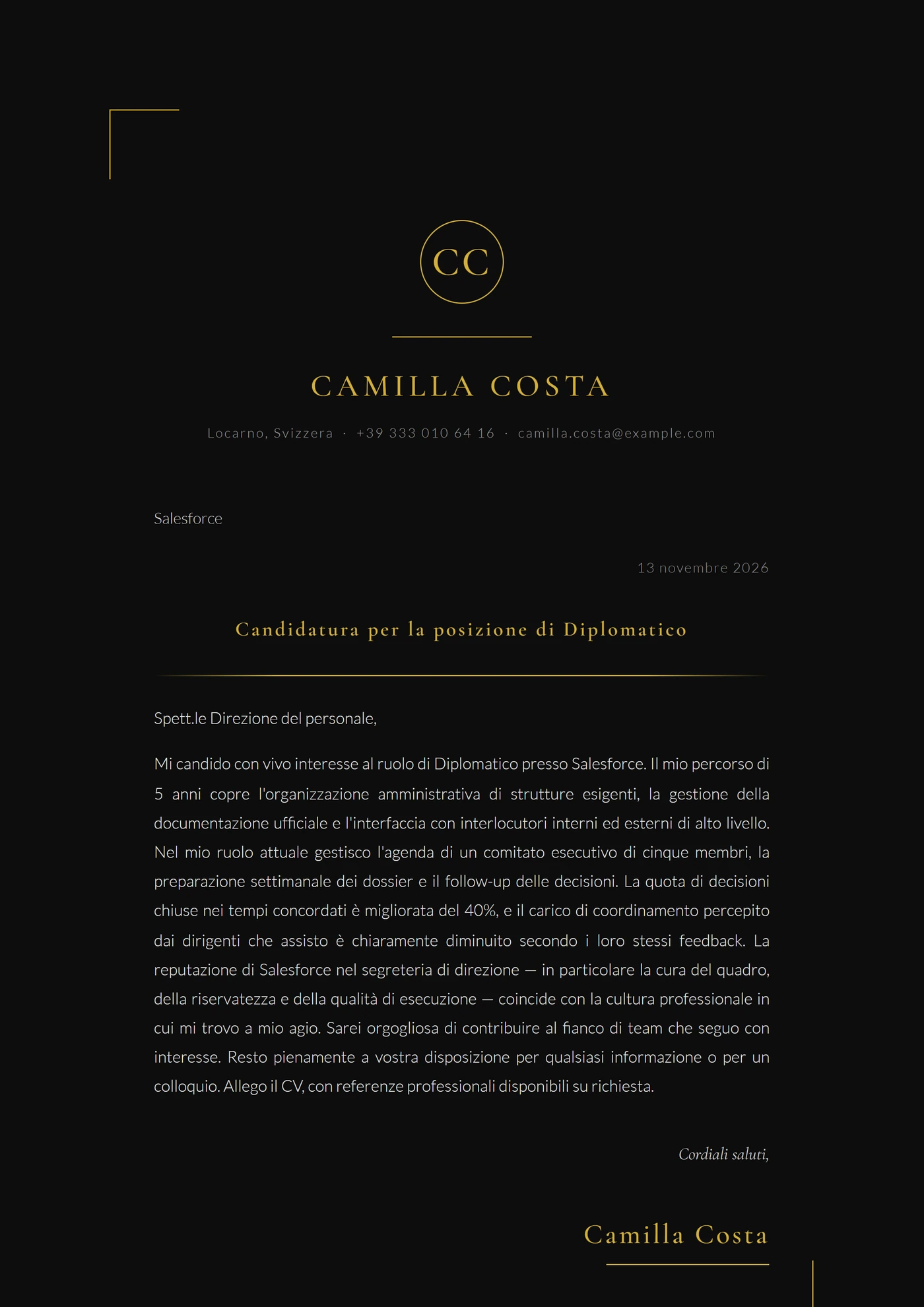 Cravatta nera — Modelli di lettera di presentazione