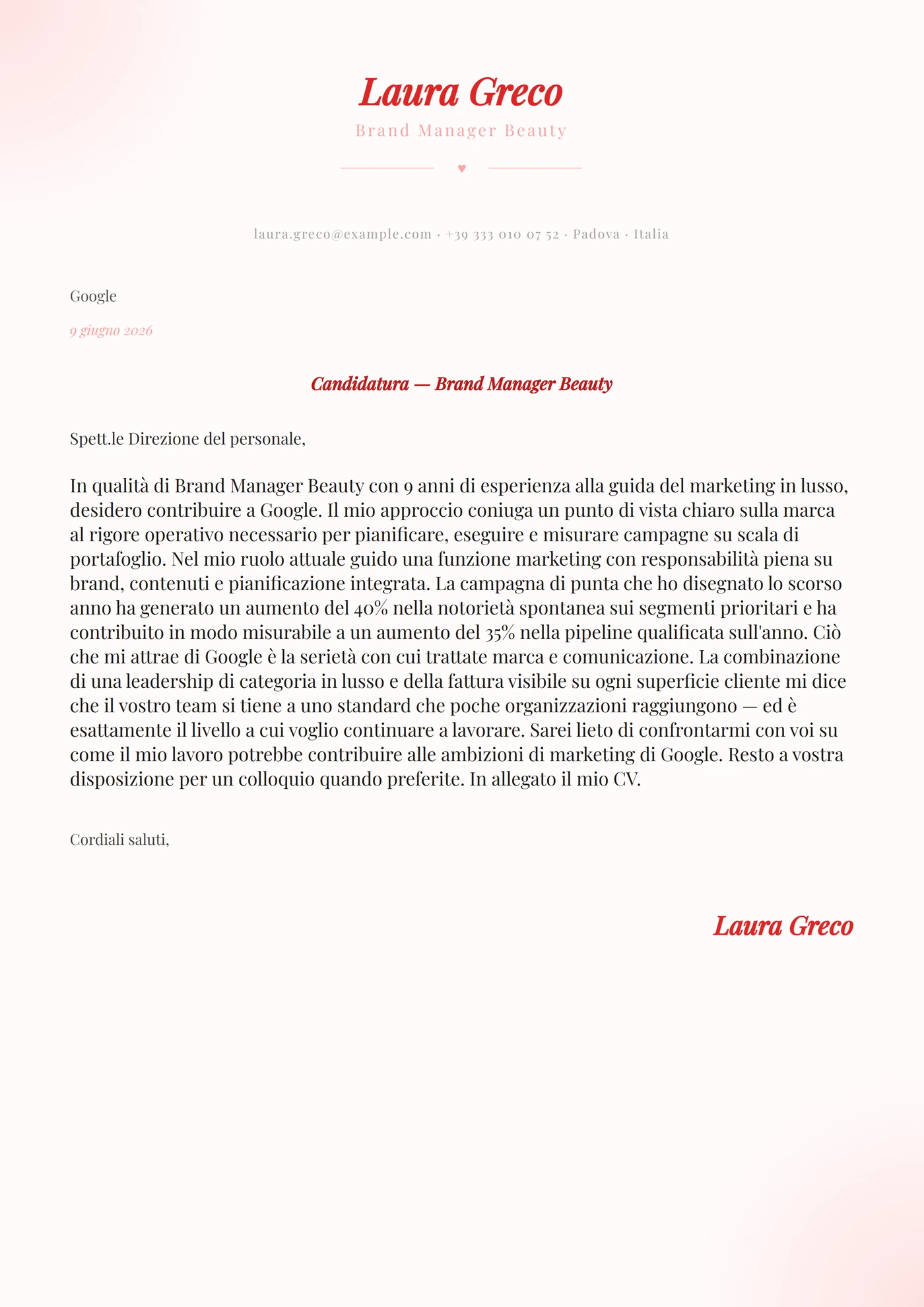 Rosa romance — Modelli di lettera di presentazione