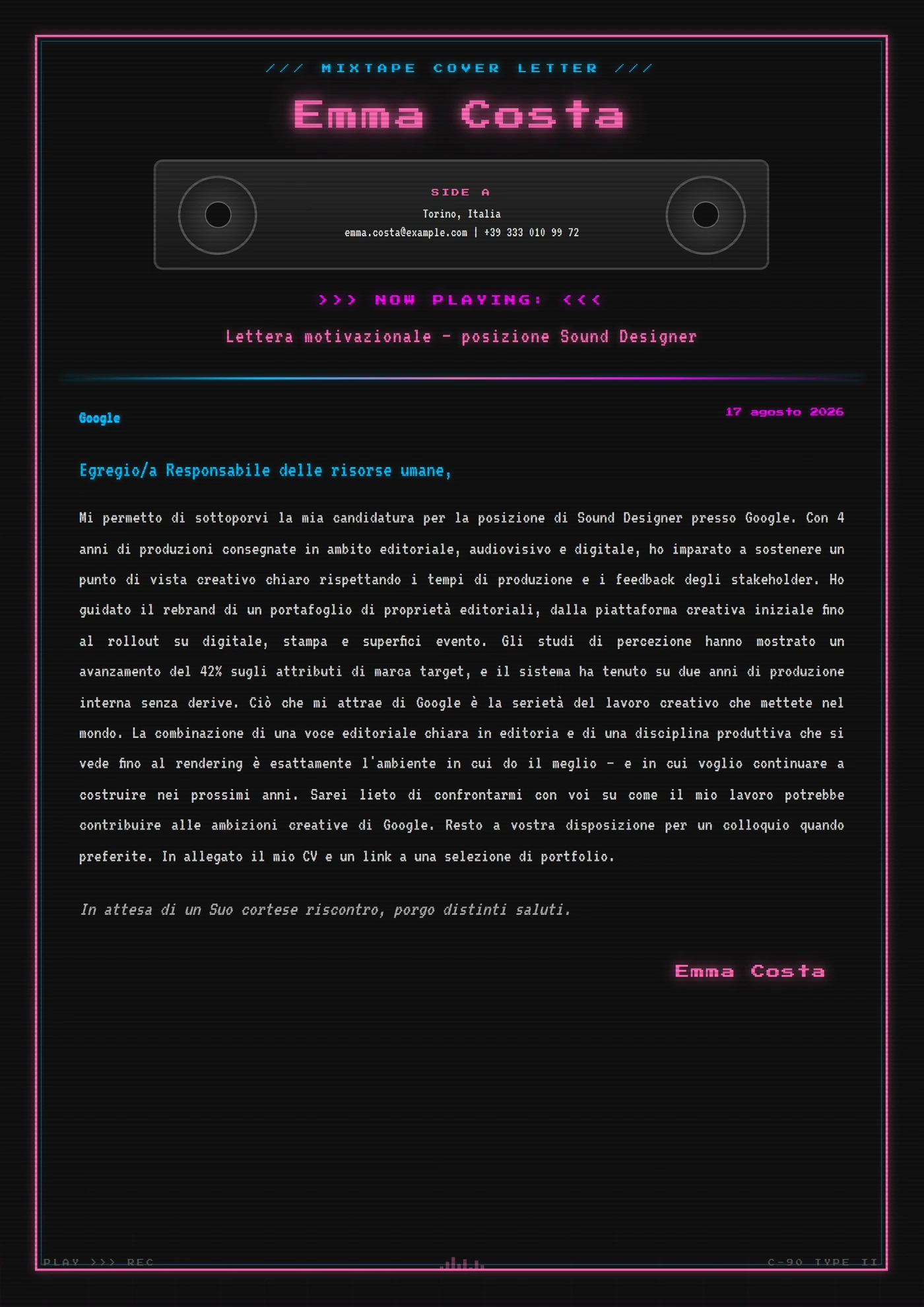 Cassetta audio — Modelli di lettera di presentazione