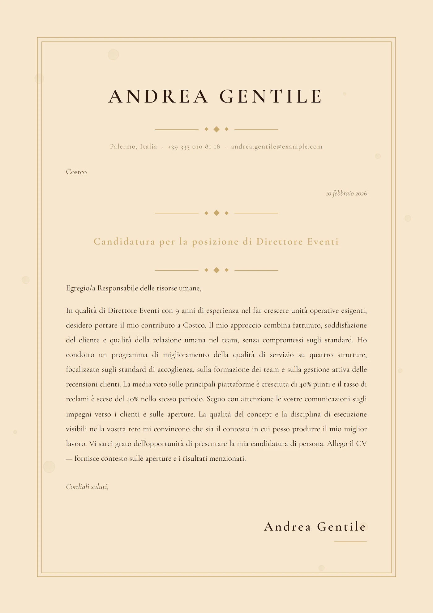 Oro champagne — Modelli di lettera di presentazione