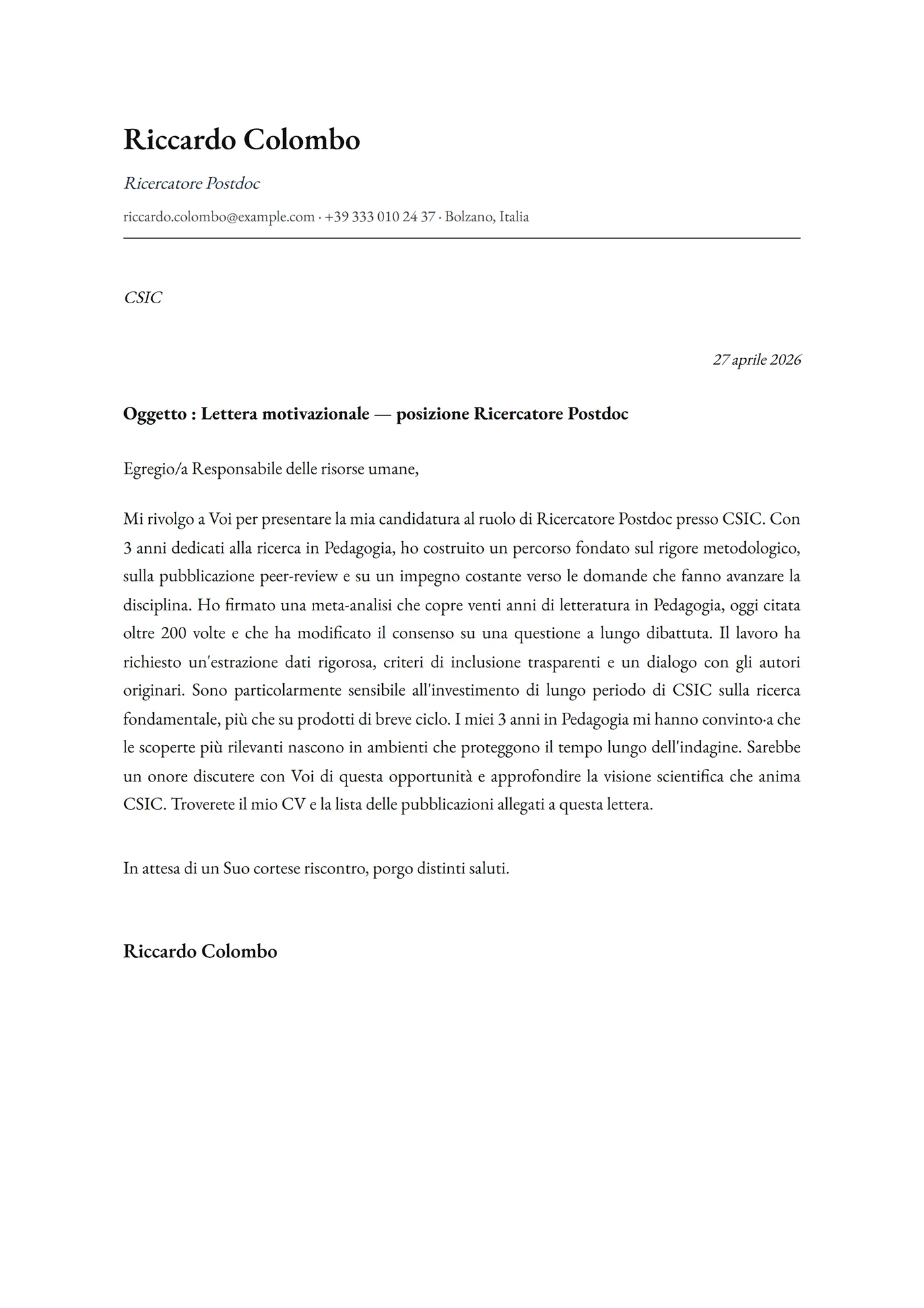 Classica Accademica — Modelli di lettera di presentazione