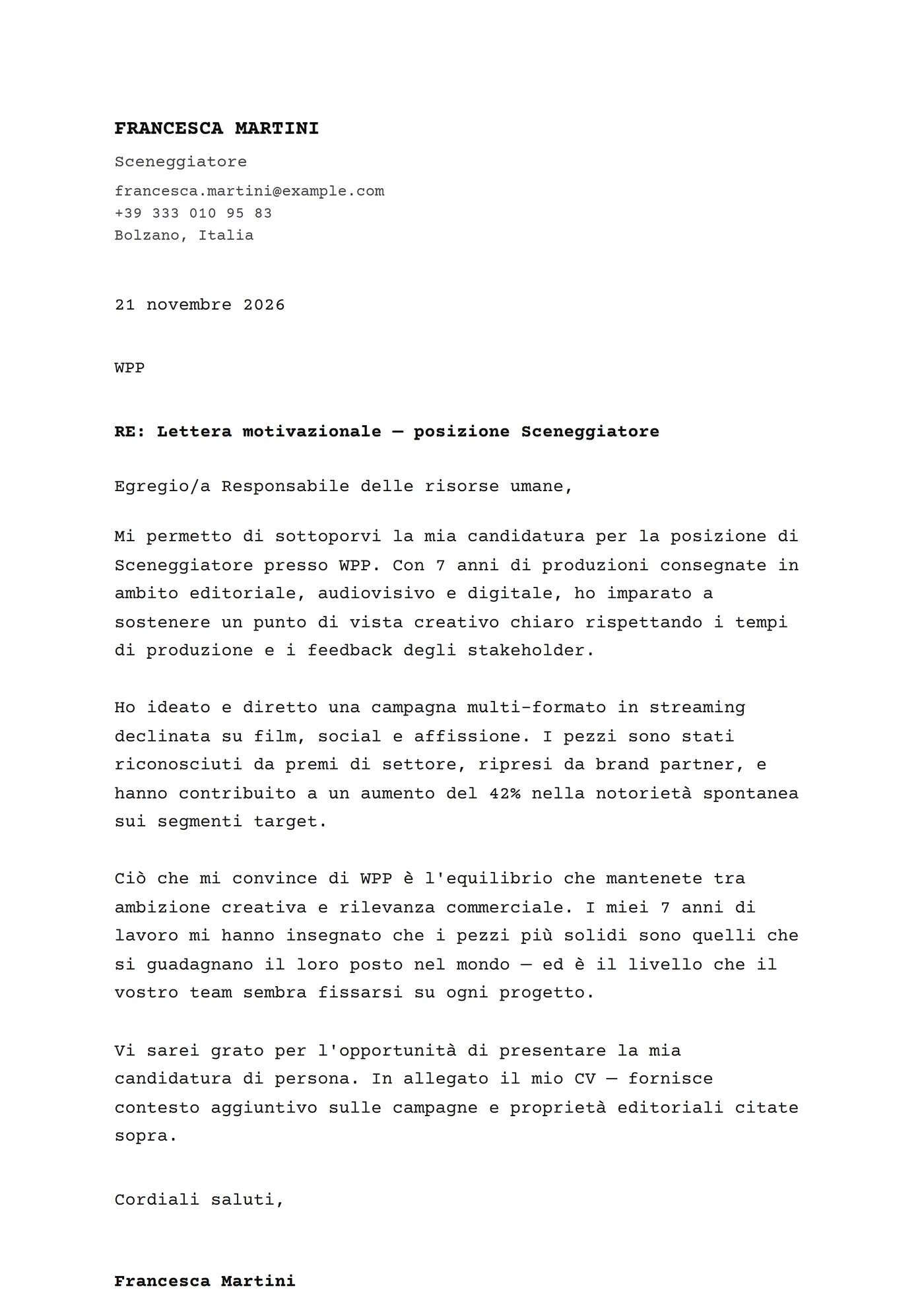 Classica Courier — Modelli di lettera di presentazione