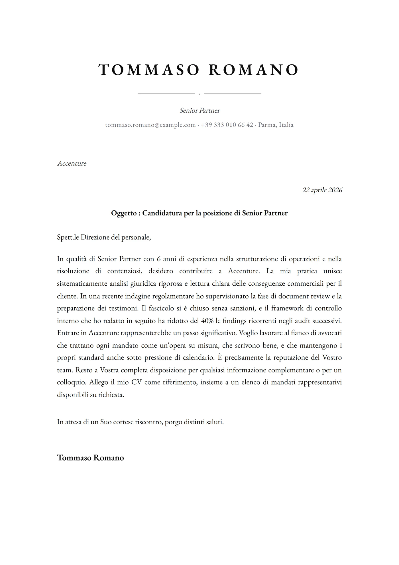 Classica Incisa — Modelli di lettera di presentazione