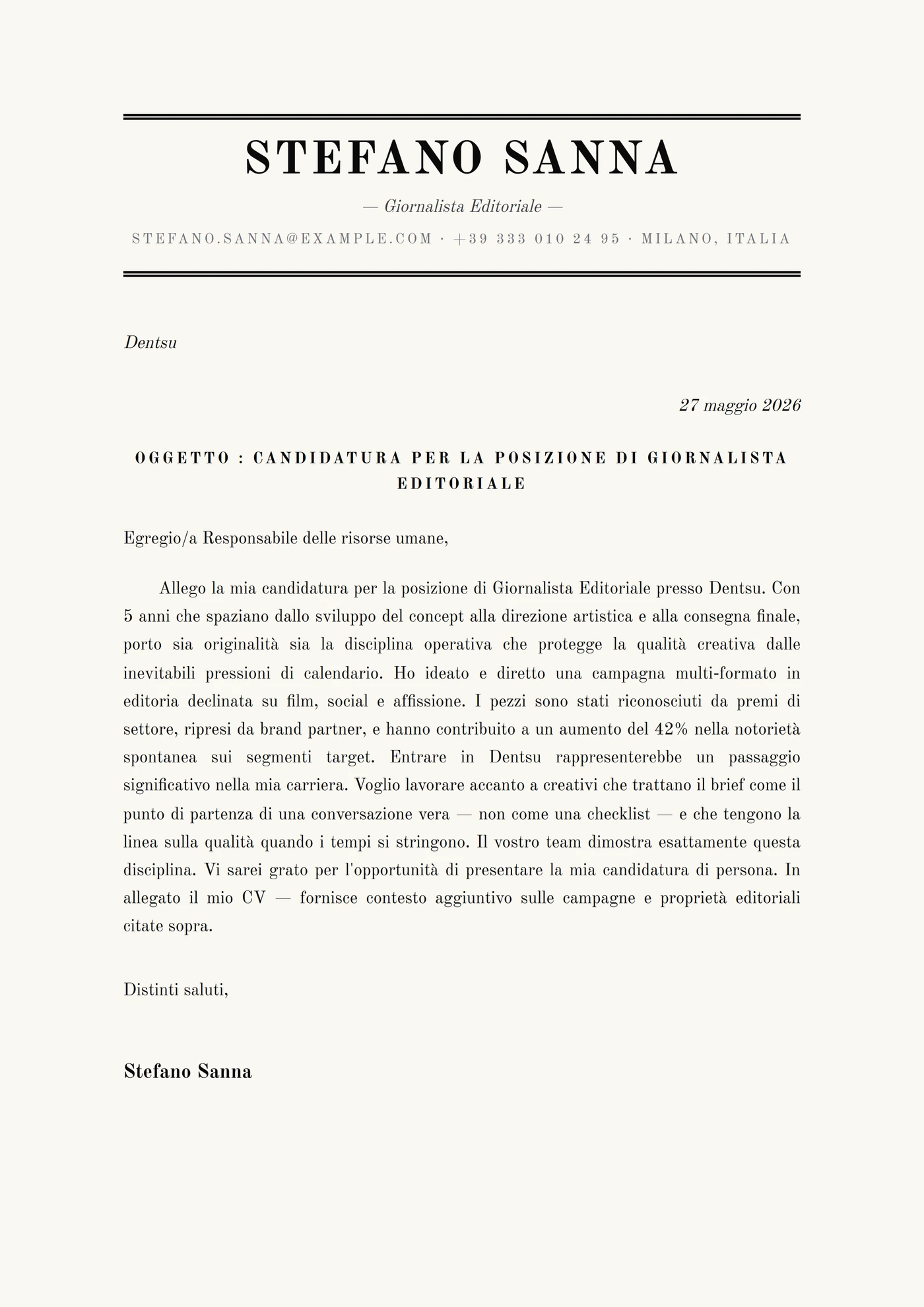 Vecchio Giornale — Modelli di lettera di presentazione