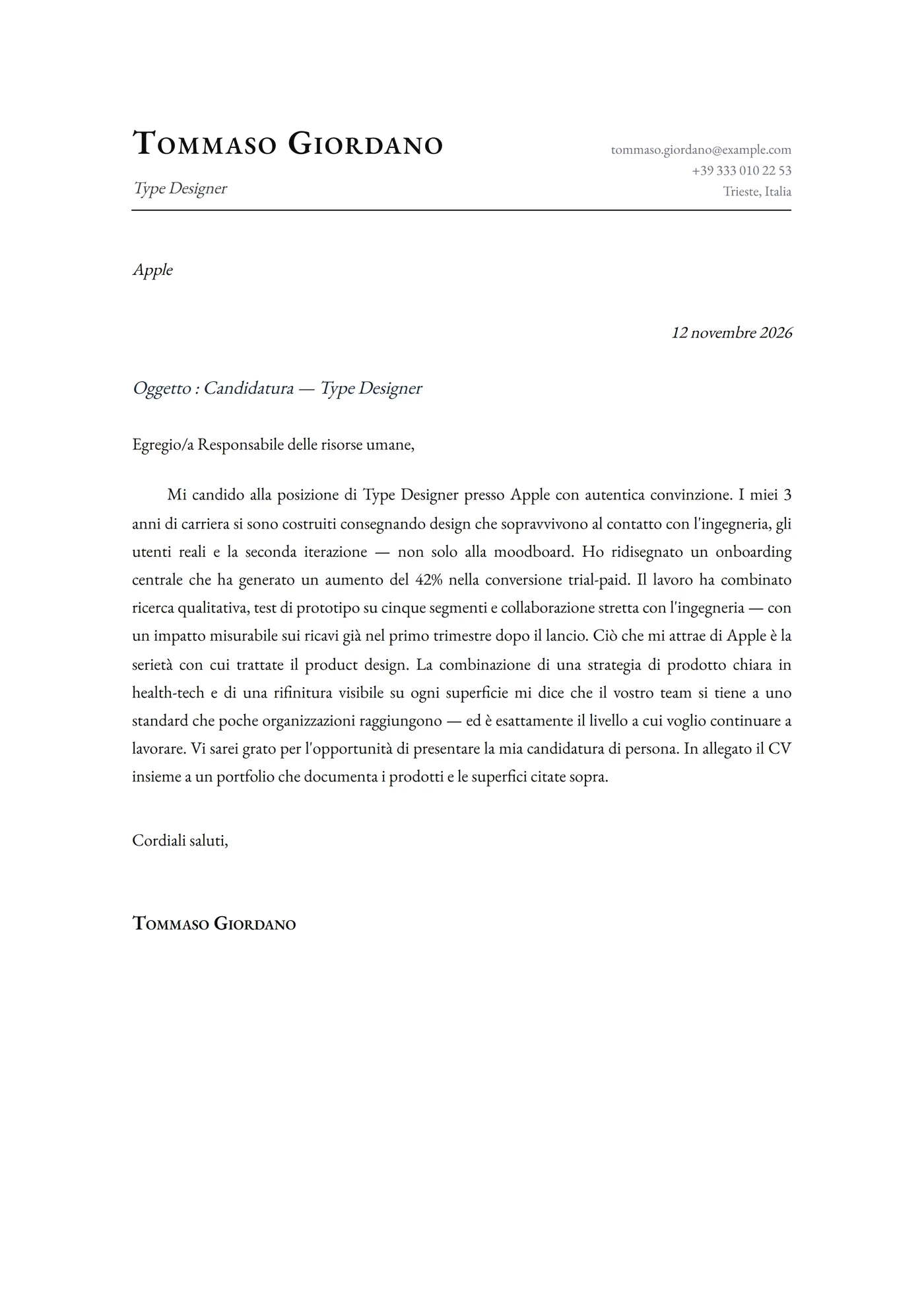 Classica Tipografica — Modelli di lettera di presentazione