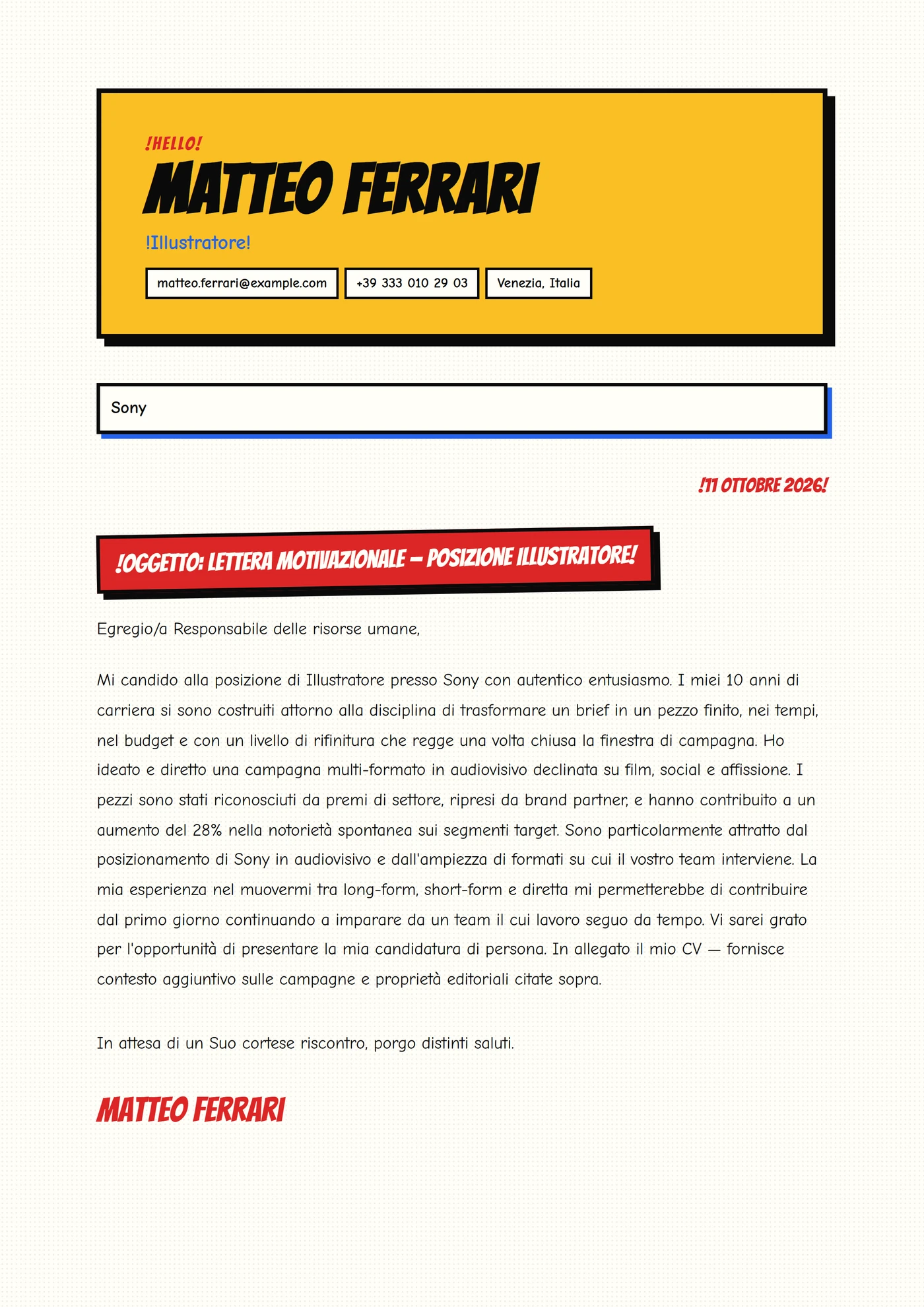 Striscia a fumetti — Modelli di lettera di presentazione