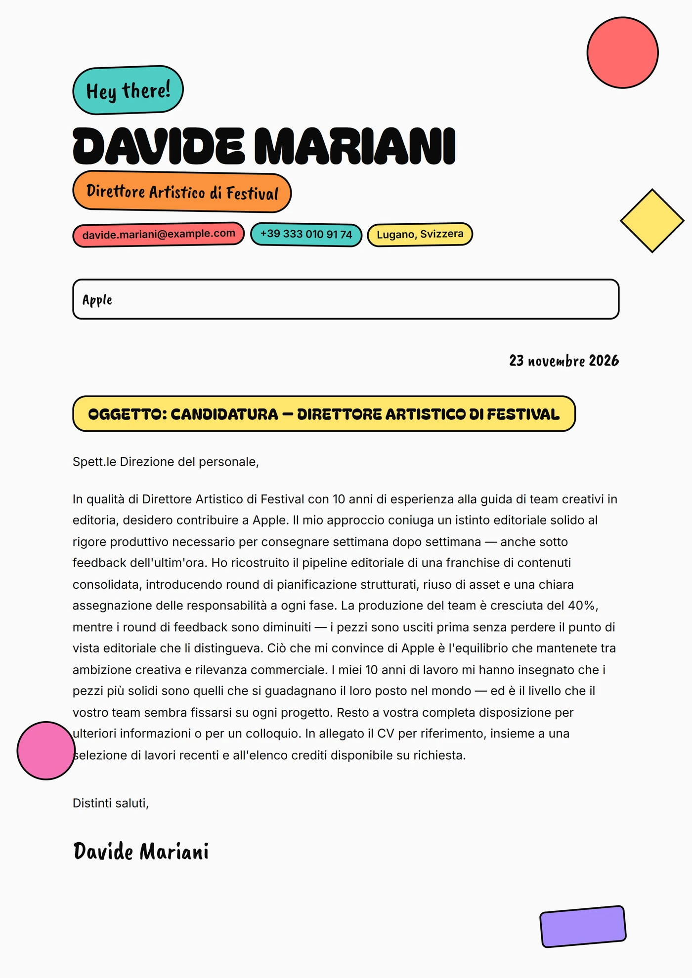 Manifesto pop — Modelli di lettera di presentazione
