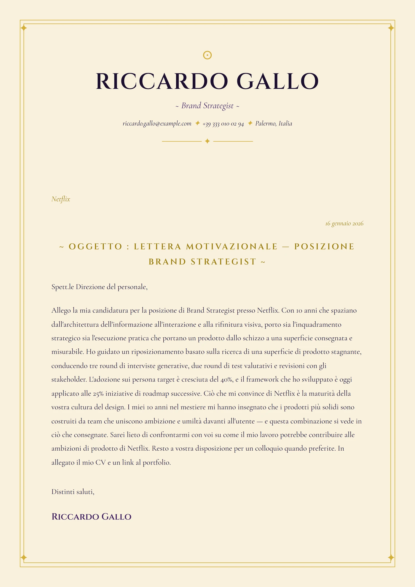 Carta dei tarocchi — Modelli di lettera di presentazione