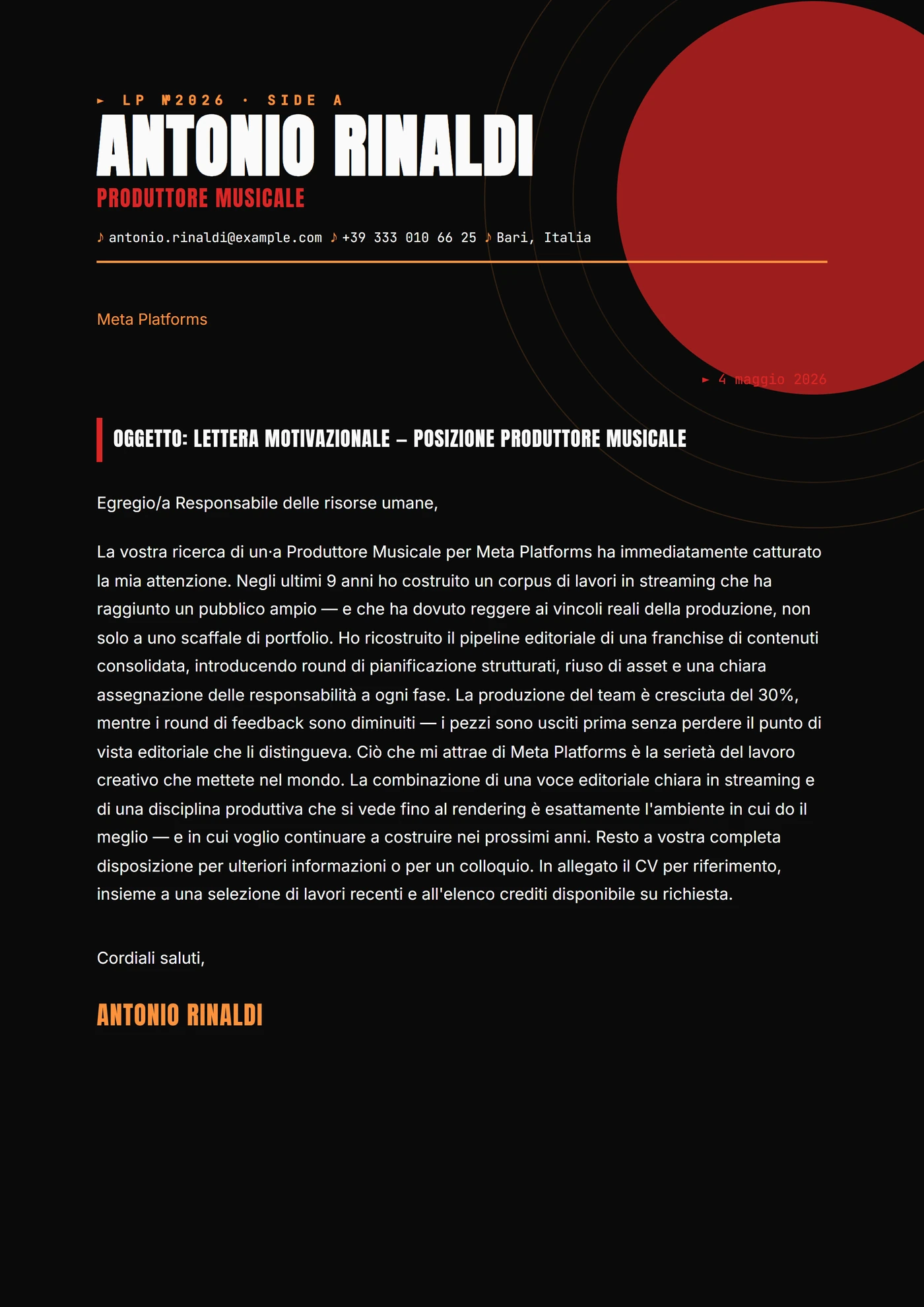 Copertina vinile — Modelli di lettera di presentazione