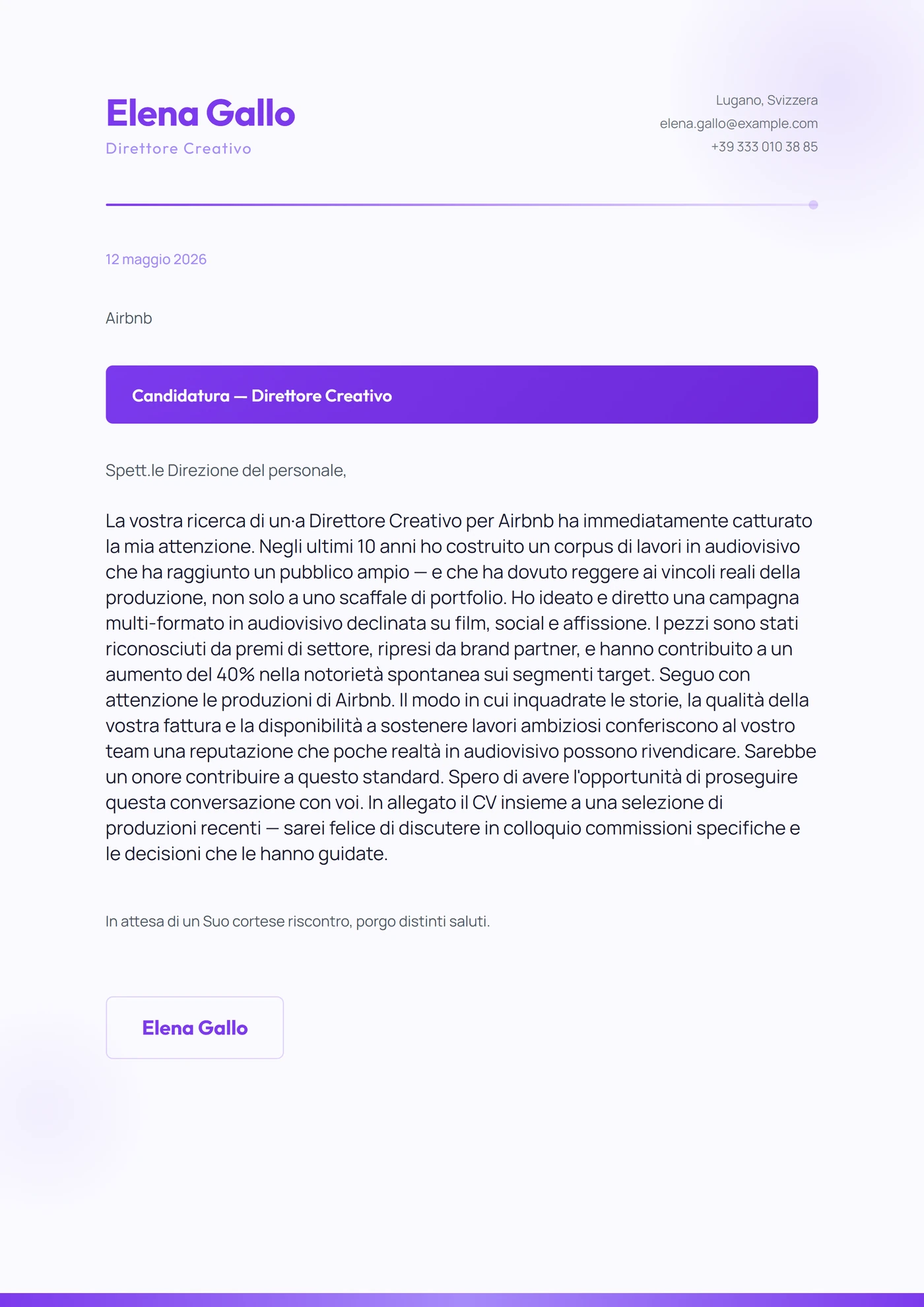 Viola Elettrico — Modelli di lettera di presentazione