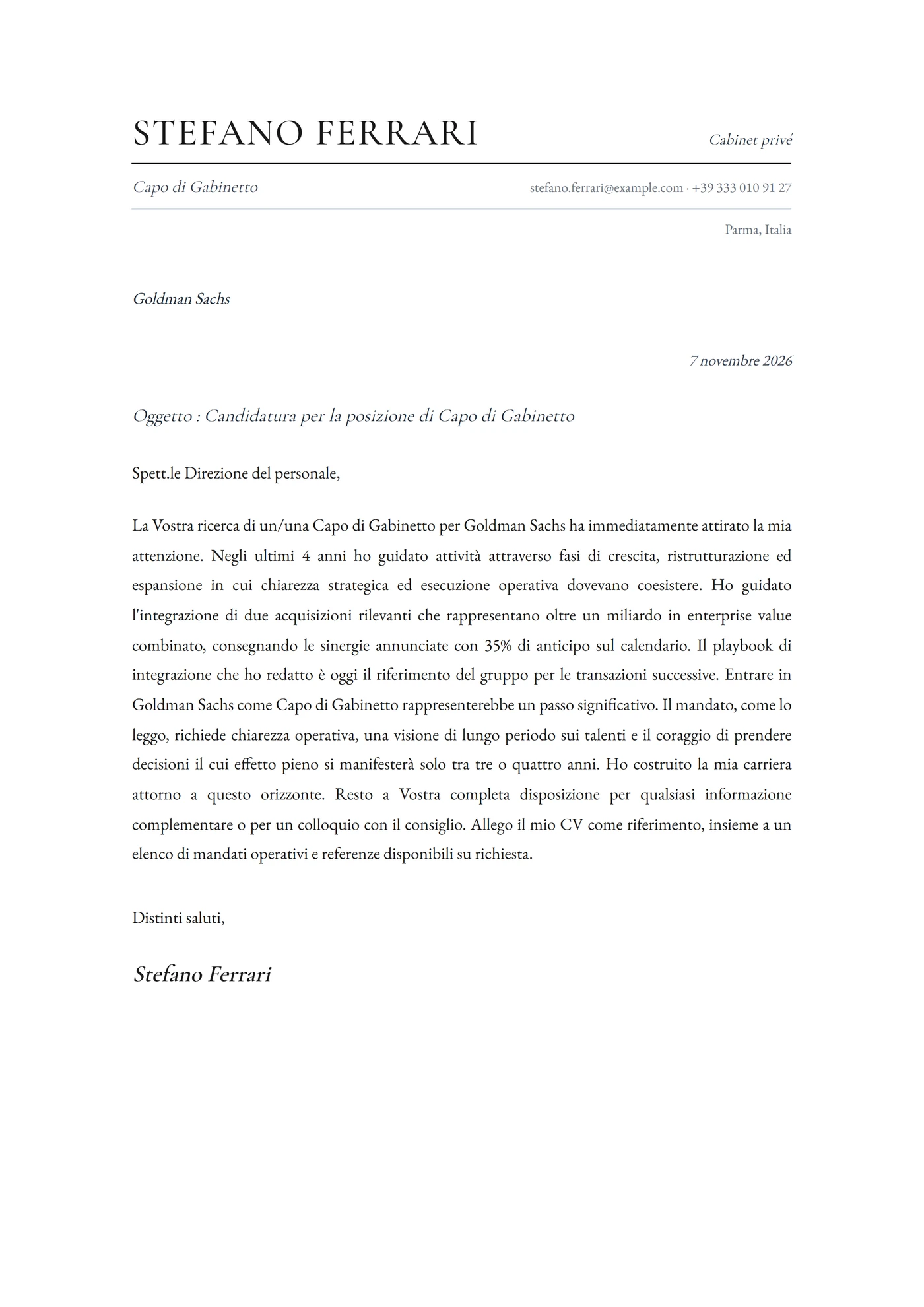 Cabinet — Modelli di lettera di presentazione